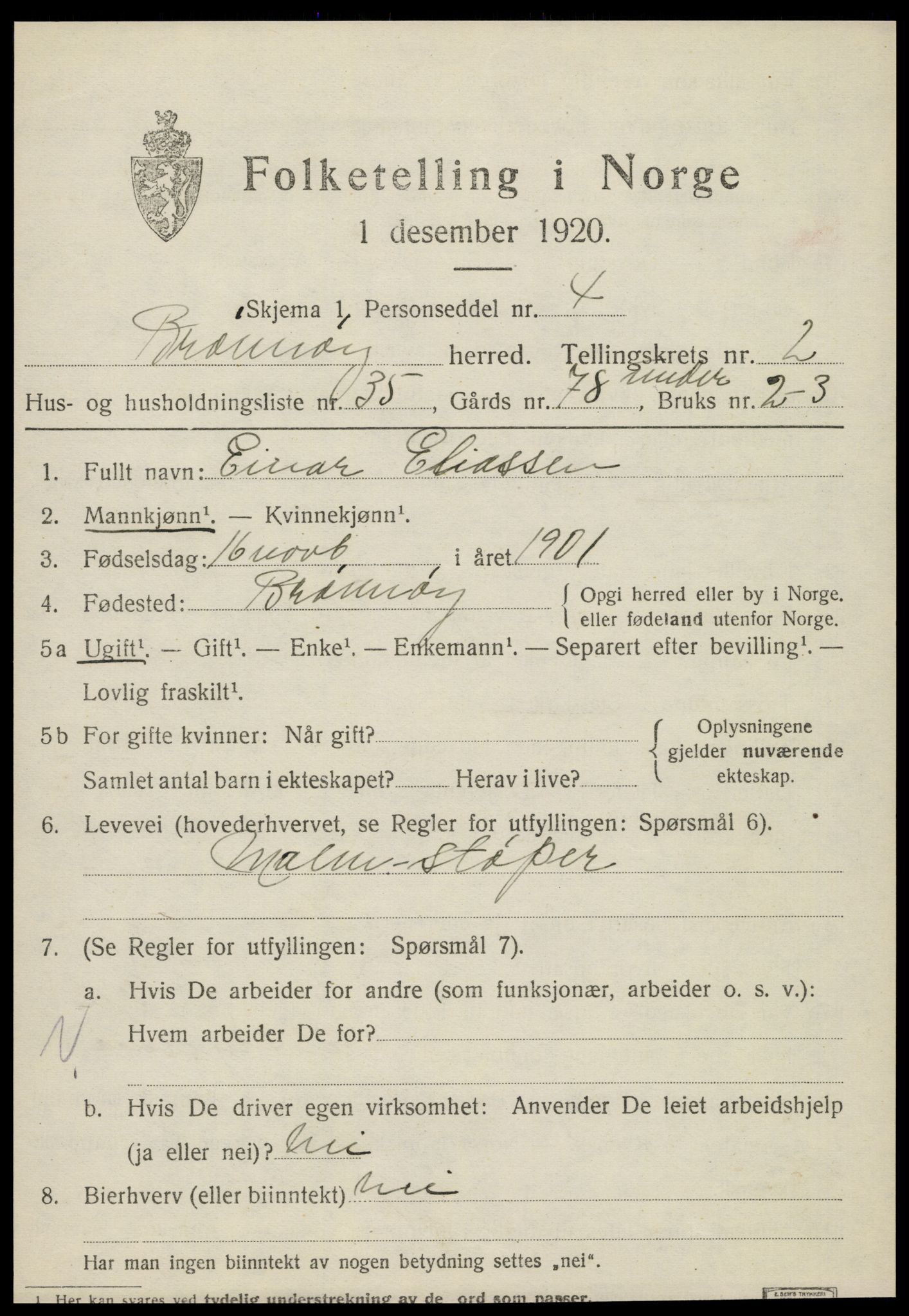 SAT, 1920 census for Brønnøy, 1920, p. 2316