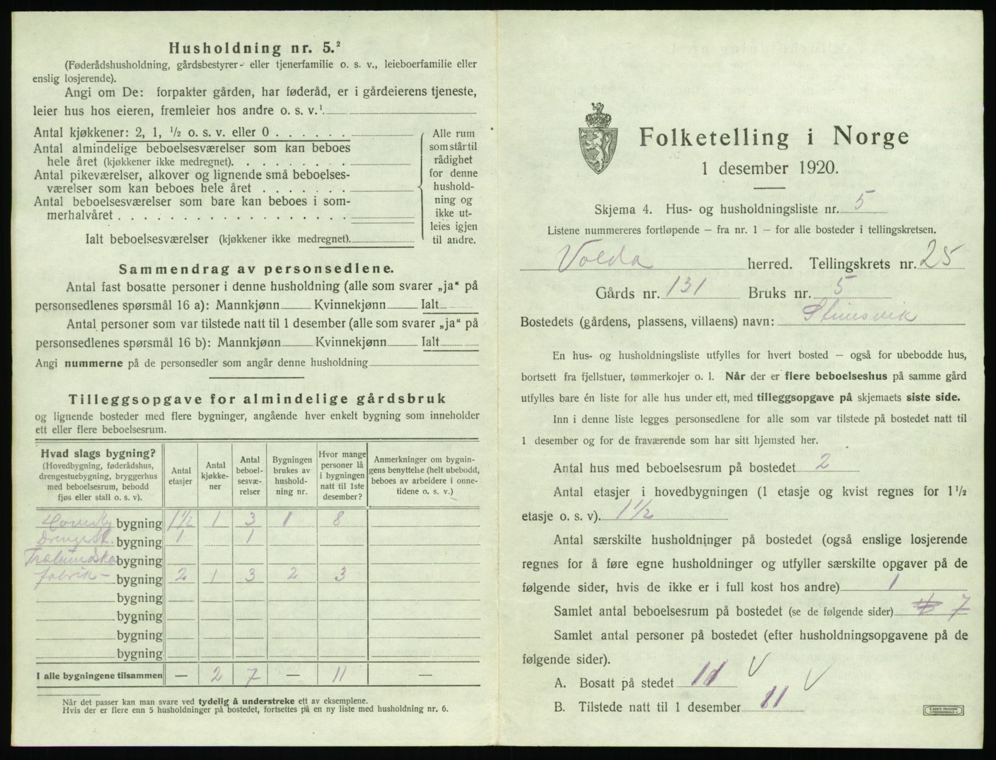 SAT, 1920 census for Volda, 1920, p. 1638