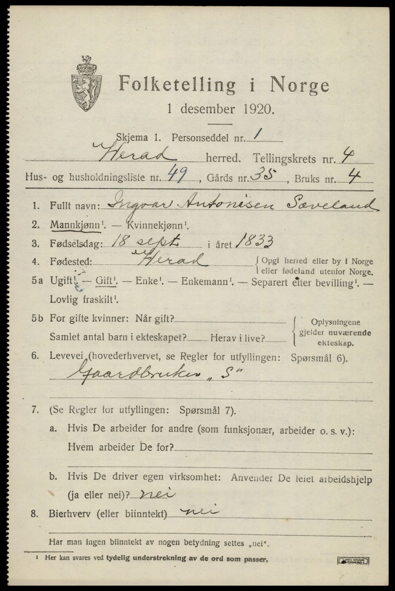 SAK, 1920 census for Herad, 1920, p. 2204