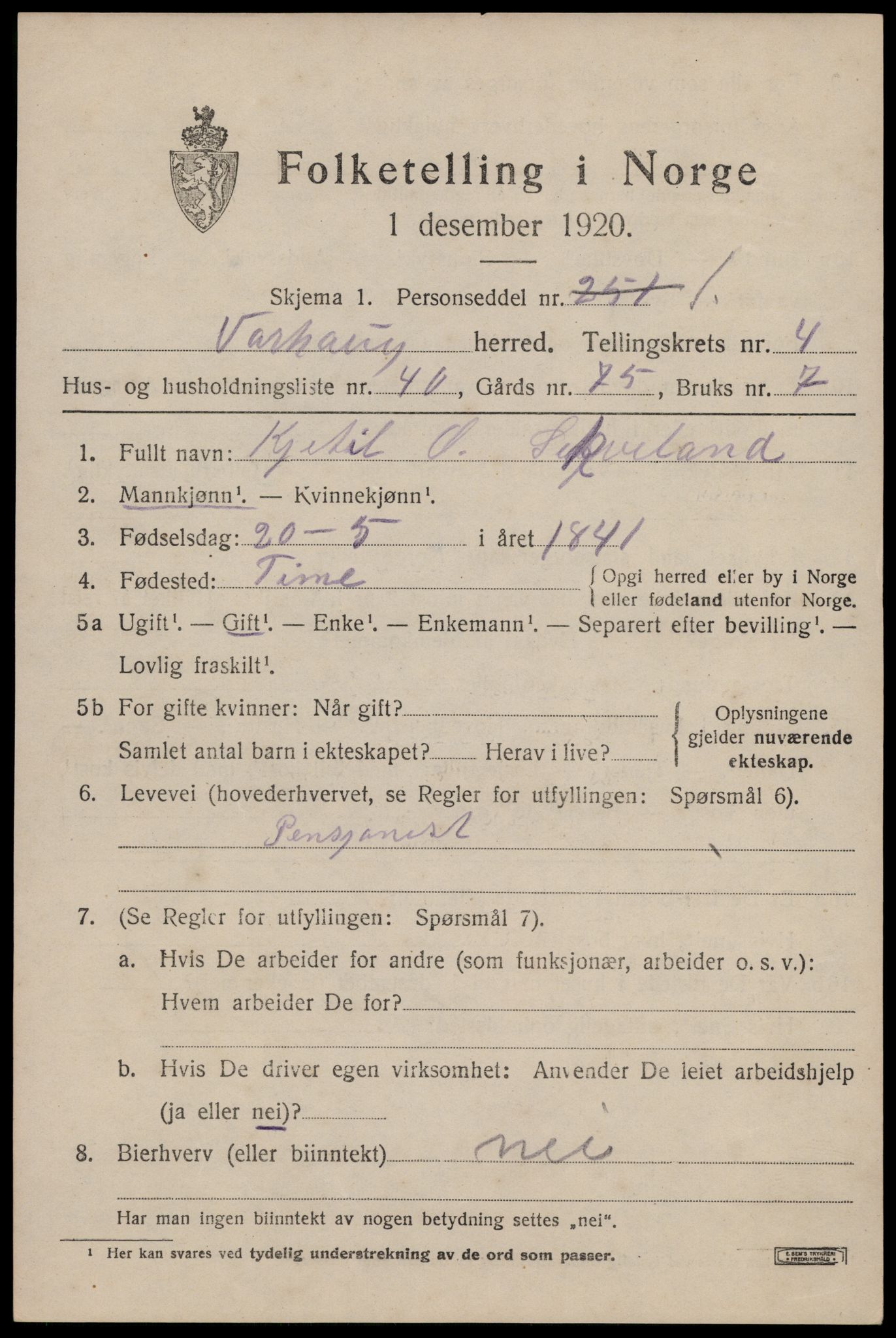 SAST, 1920 census for Varhaug, 1920, p. 4129