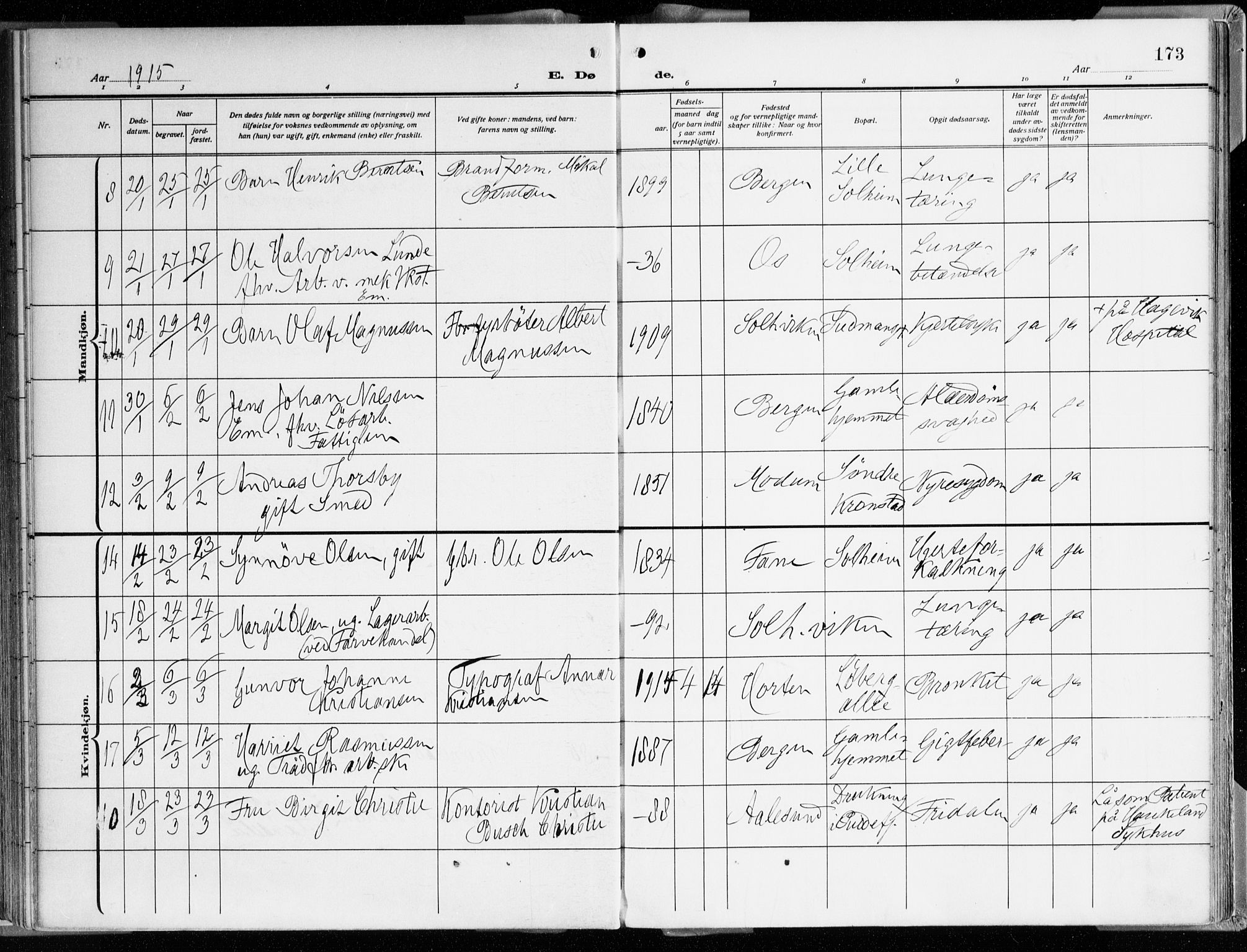 Årstad Sokneprestembete, AV/SAB-A-79301/H/Haa/L0003: Parish register (official) no. A 3, 1914-1919, p. 173