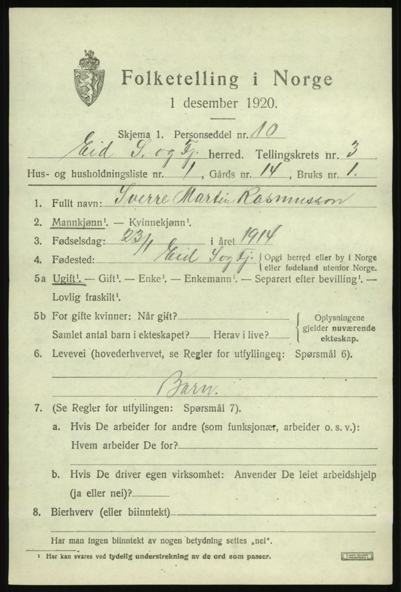 SAB, 1920 census for Eid, 1920, p. 2016