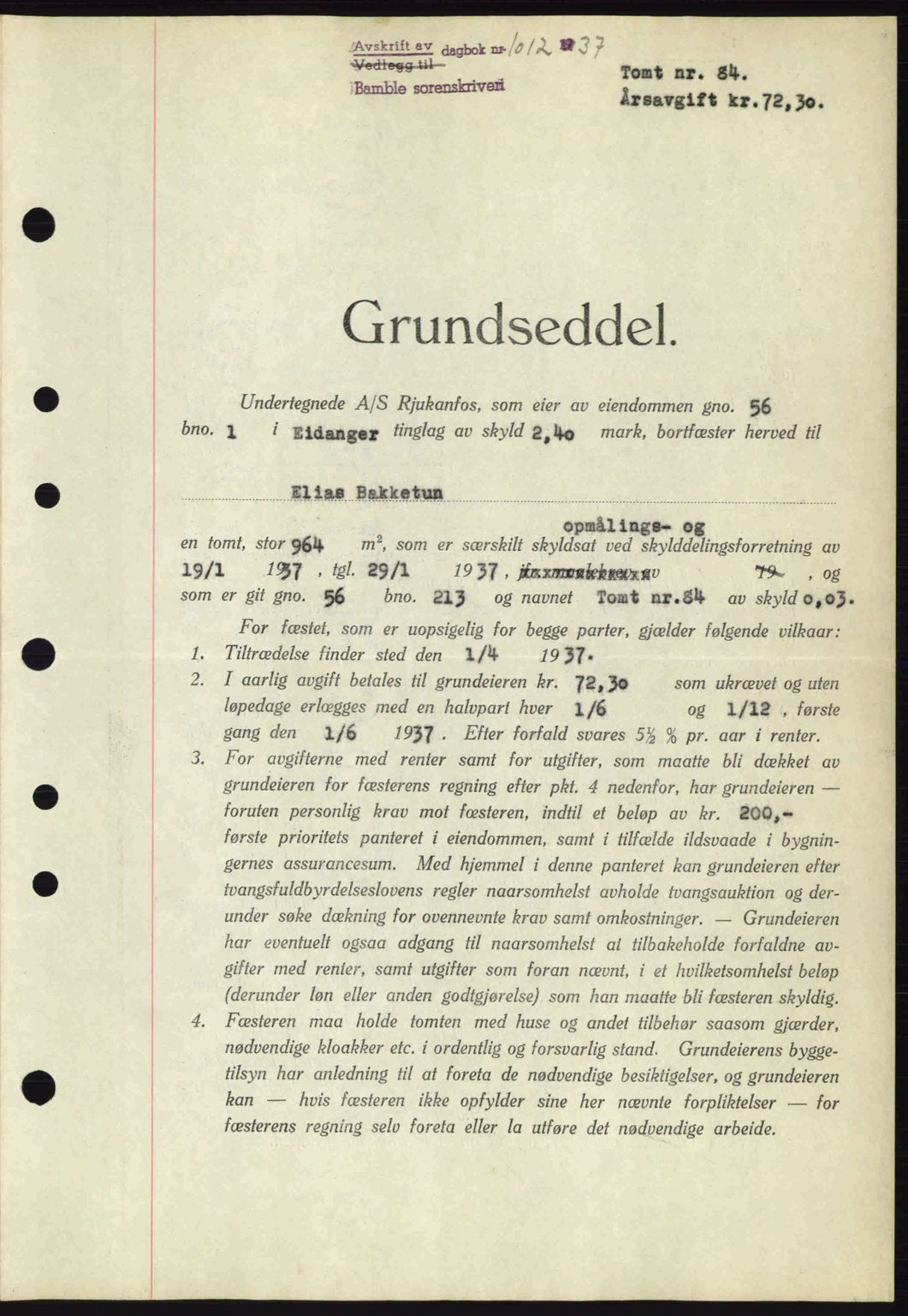 Bamble sorenskriveri, AV/SAKO-A-214/G/Ga/Gag/L0002: Mortgage book no. A-2, 1937-1938, Diary no: : 1012/1937