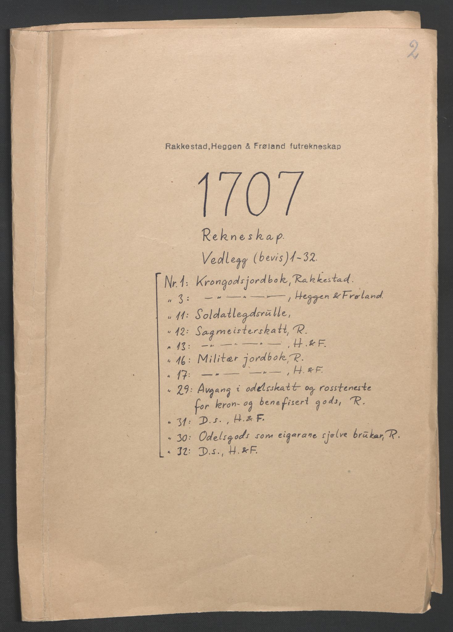 Rentekammeret inntil 1814, Reviderte regnskaper, Fogderegnskap, AV/RA-EA-4092/R07/L0299: Fogderegnskap Rakkestad, Heggen og Frøland, 1707, p. 2