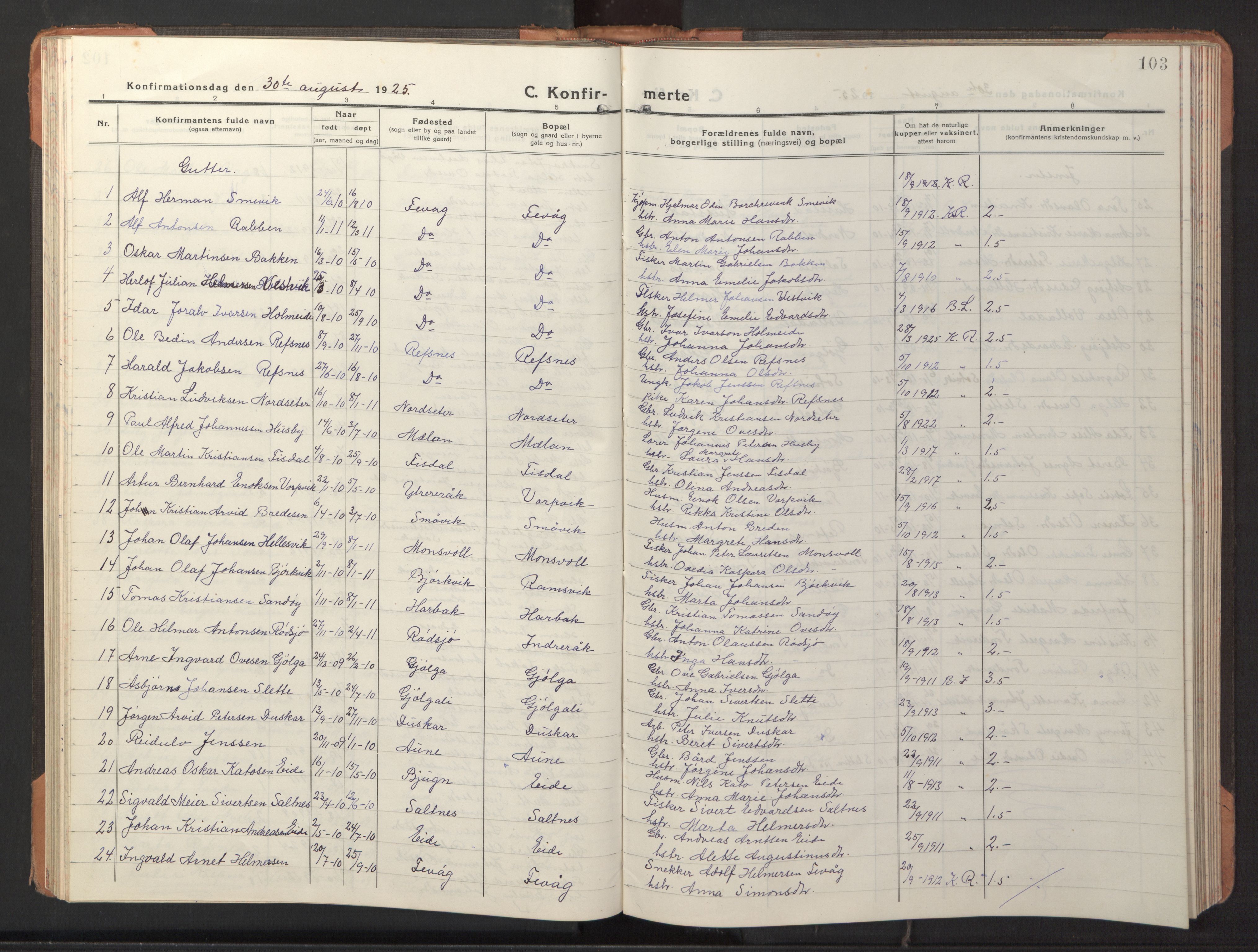 Ministerialprotokoller, klokkerbøker og fødselsregistre - Sør-Trøndelag, SAT/A-1456/653/L0658: Parish register (copy) no. 653C02, 1919-1947, p. 103