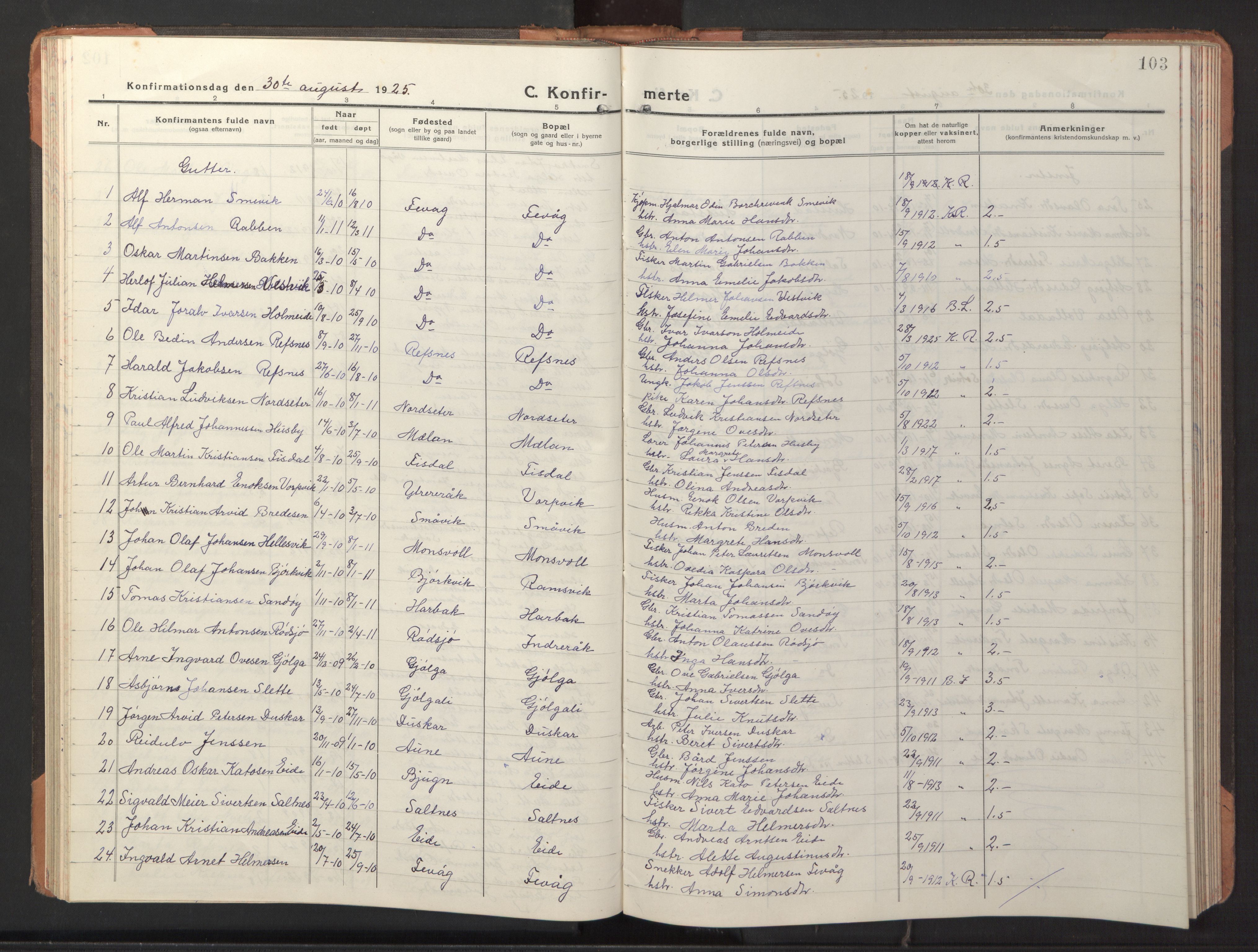 Ministerialprotokoller, klokkerbøker og fødselsregistre - Sør-Trøndelag, AV/SAT-A-1456/653/L0658: Parish register (copy) no. 653C02, 1919-1947, p. 103