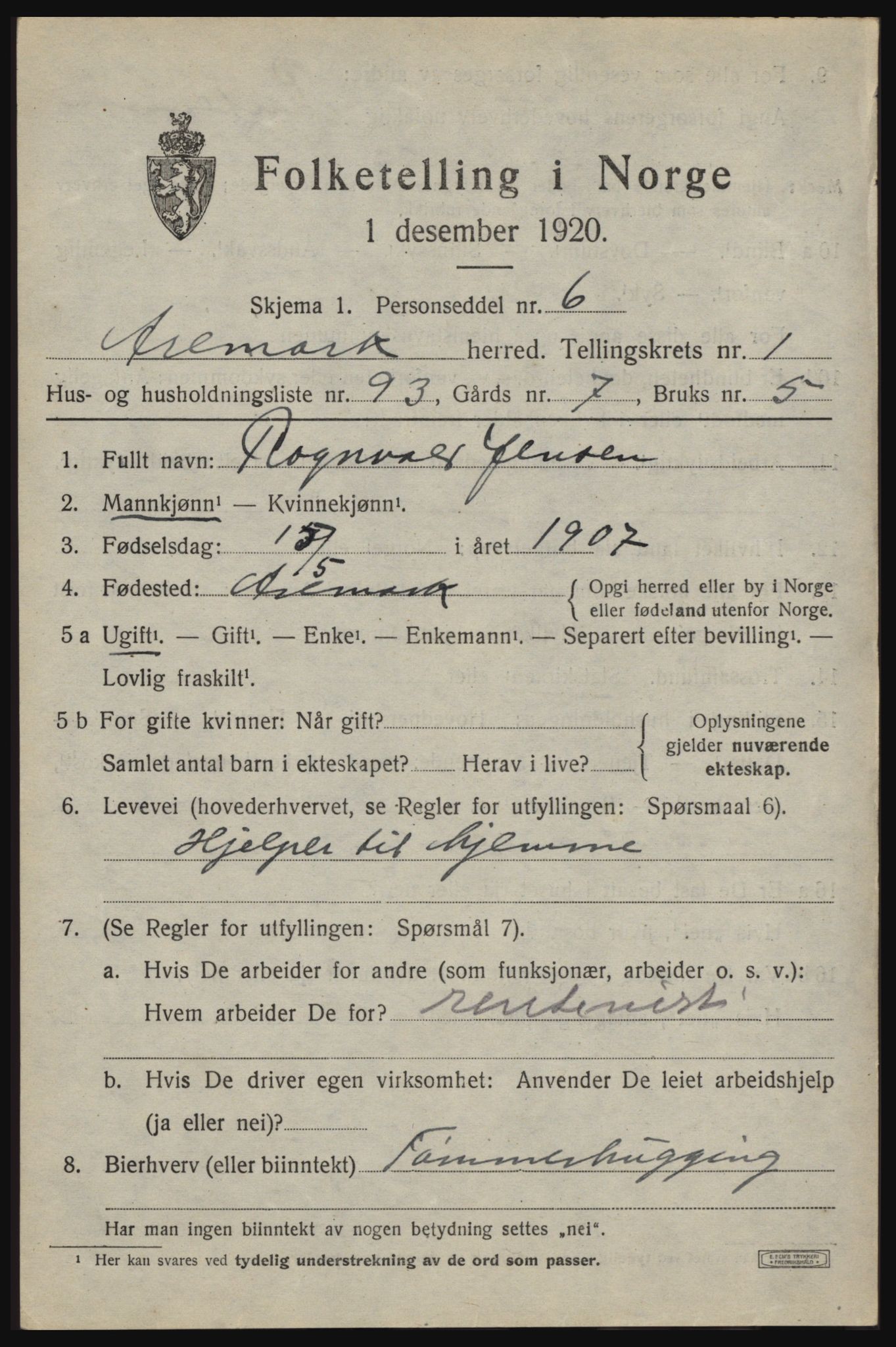 SAO, 1920 census for Aremark, 1920, p. 1605