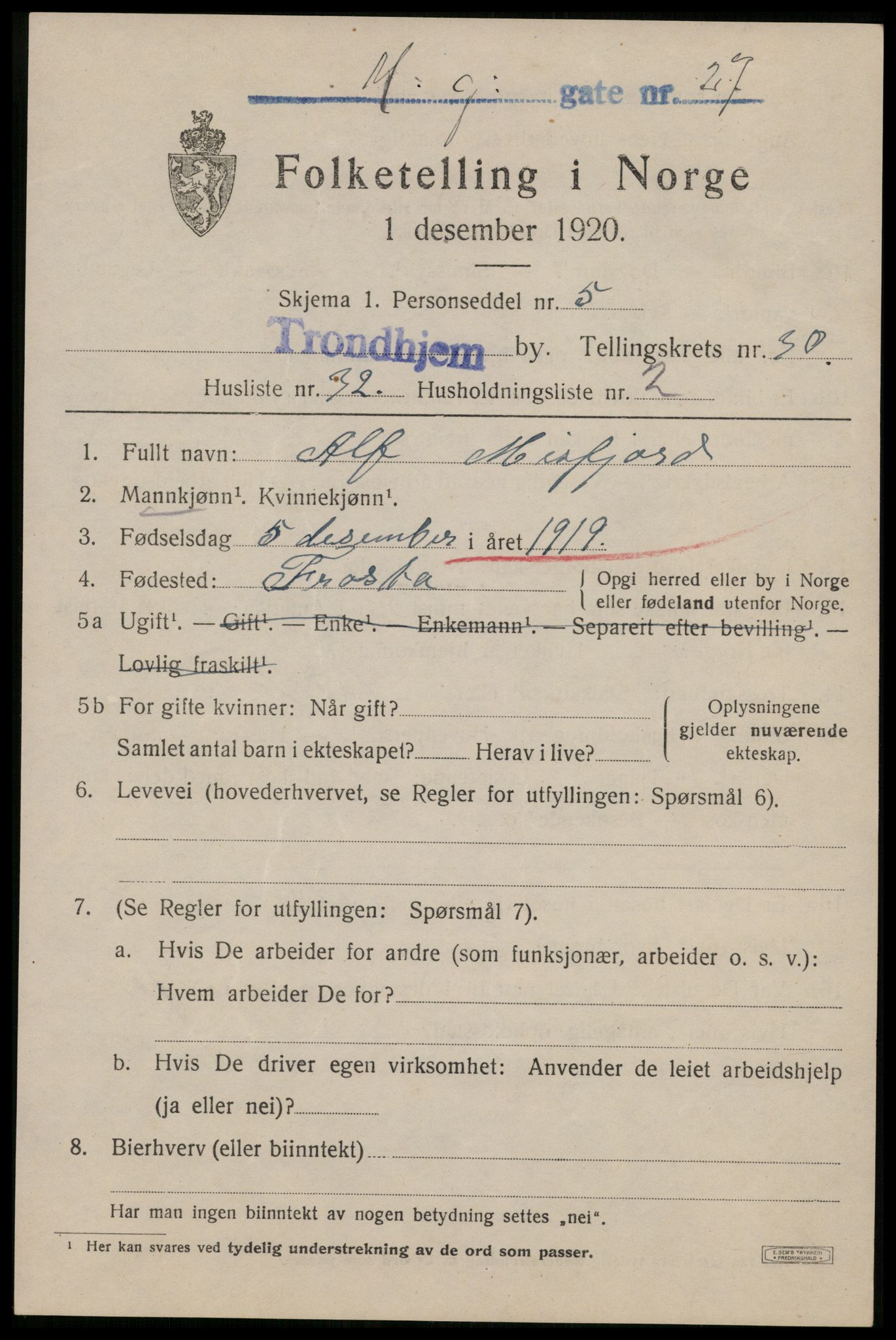 SAT, 1920 census for Trondheim, 1920, p. 74830