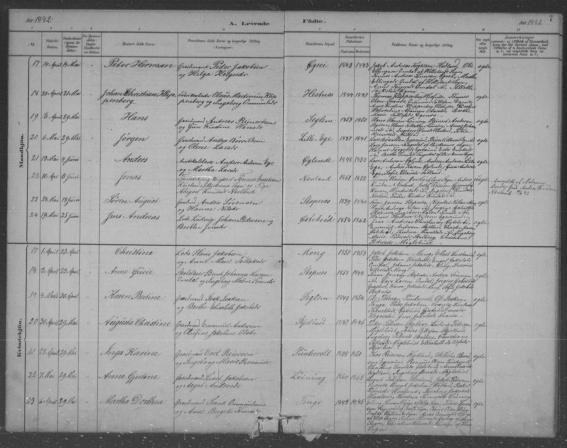 Eigersund sokneprestkontor, AV/SAST-A-101807/S09/L0007: Parish register (copy) no. B 7, 1882-1892, p. 7