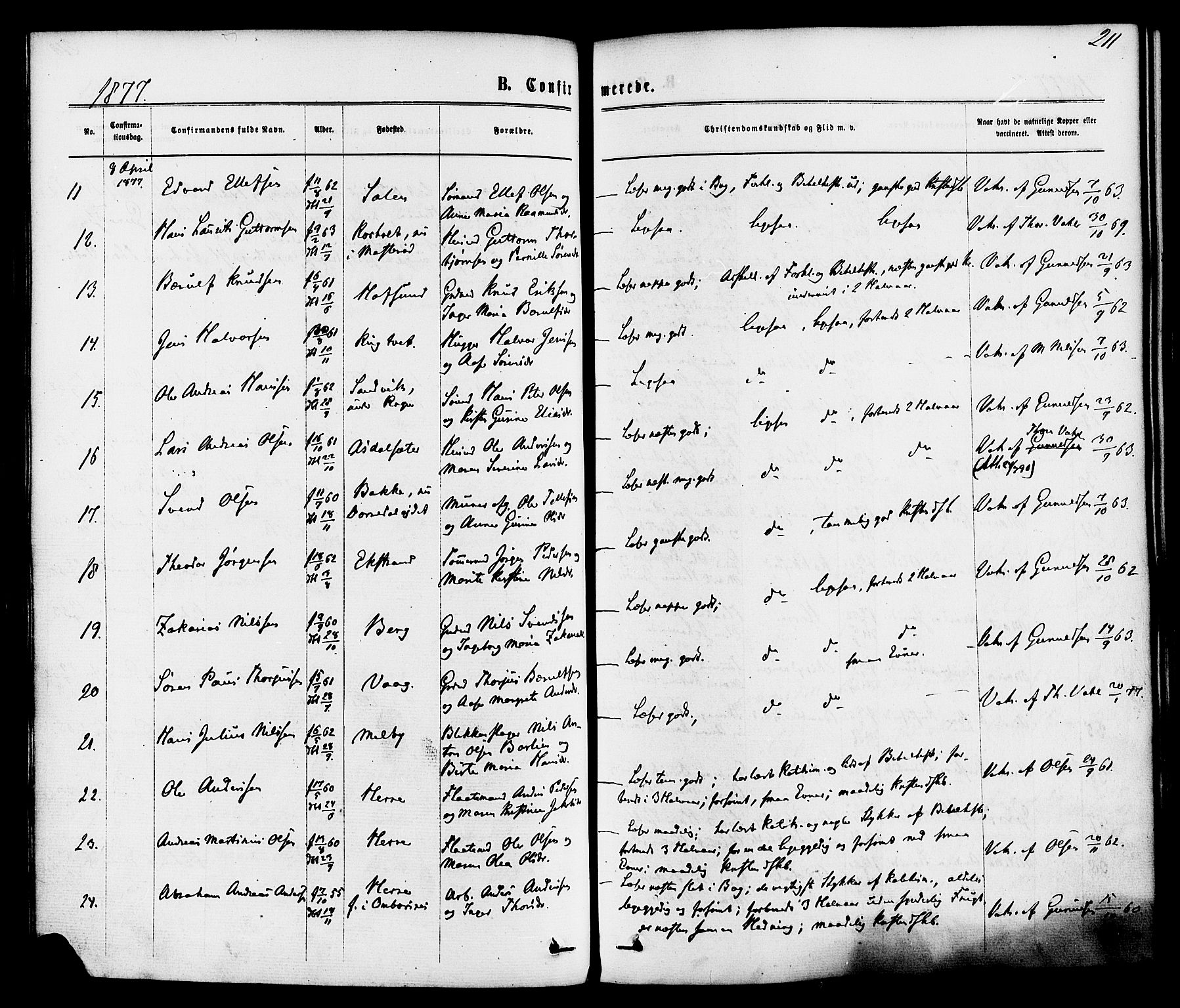 Bamble kirkebøker, SAKO/A-253/F/Fa/L0006: Parish register (official) no. I 6, 1869-1877, p. 211