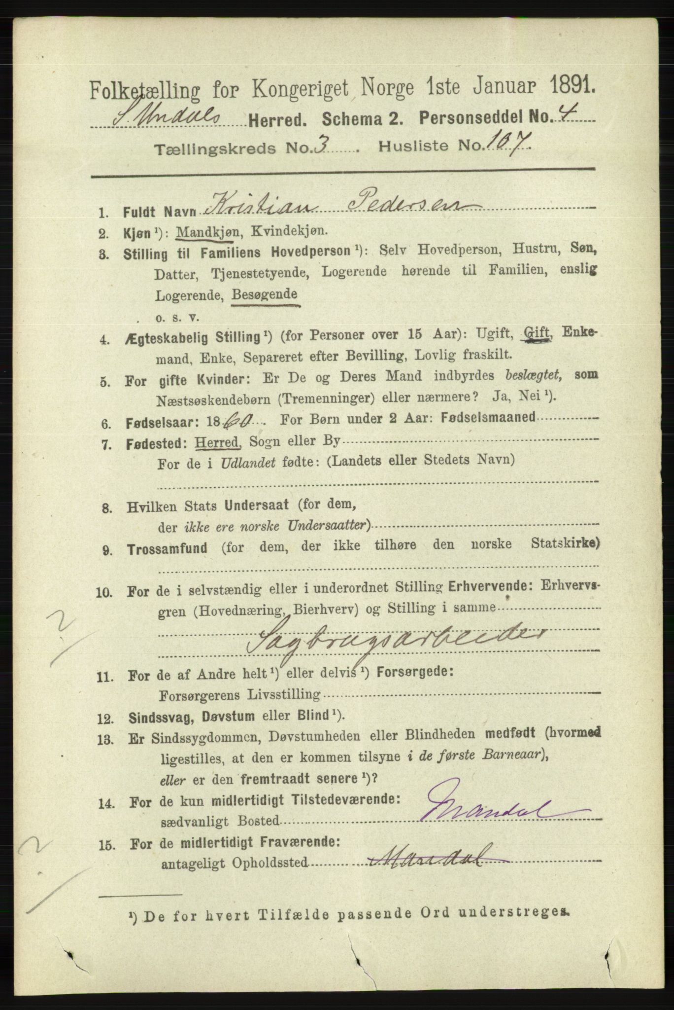 RA, 1891 census for 1029 Sør-Audnedal, 1891, p. 1323