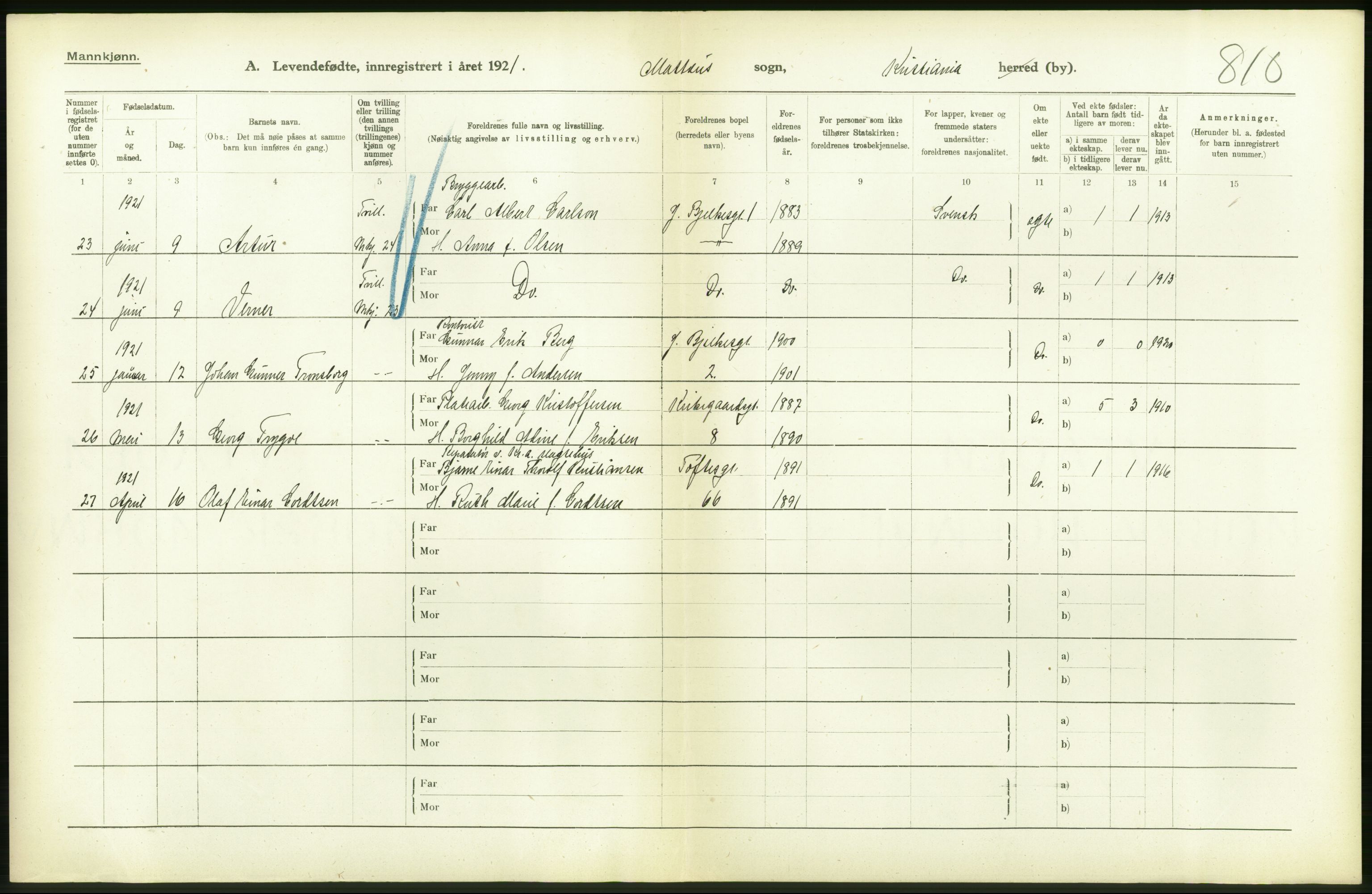 Statistisk sentralbyrå, Sosiodemografiske emner, Befolkning, AV/RA-S-2228/D/Df/Dfc/Dfca/L0008: Kristiania: Levendefødte menn og kvinner., 1921, p. 134