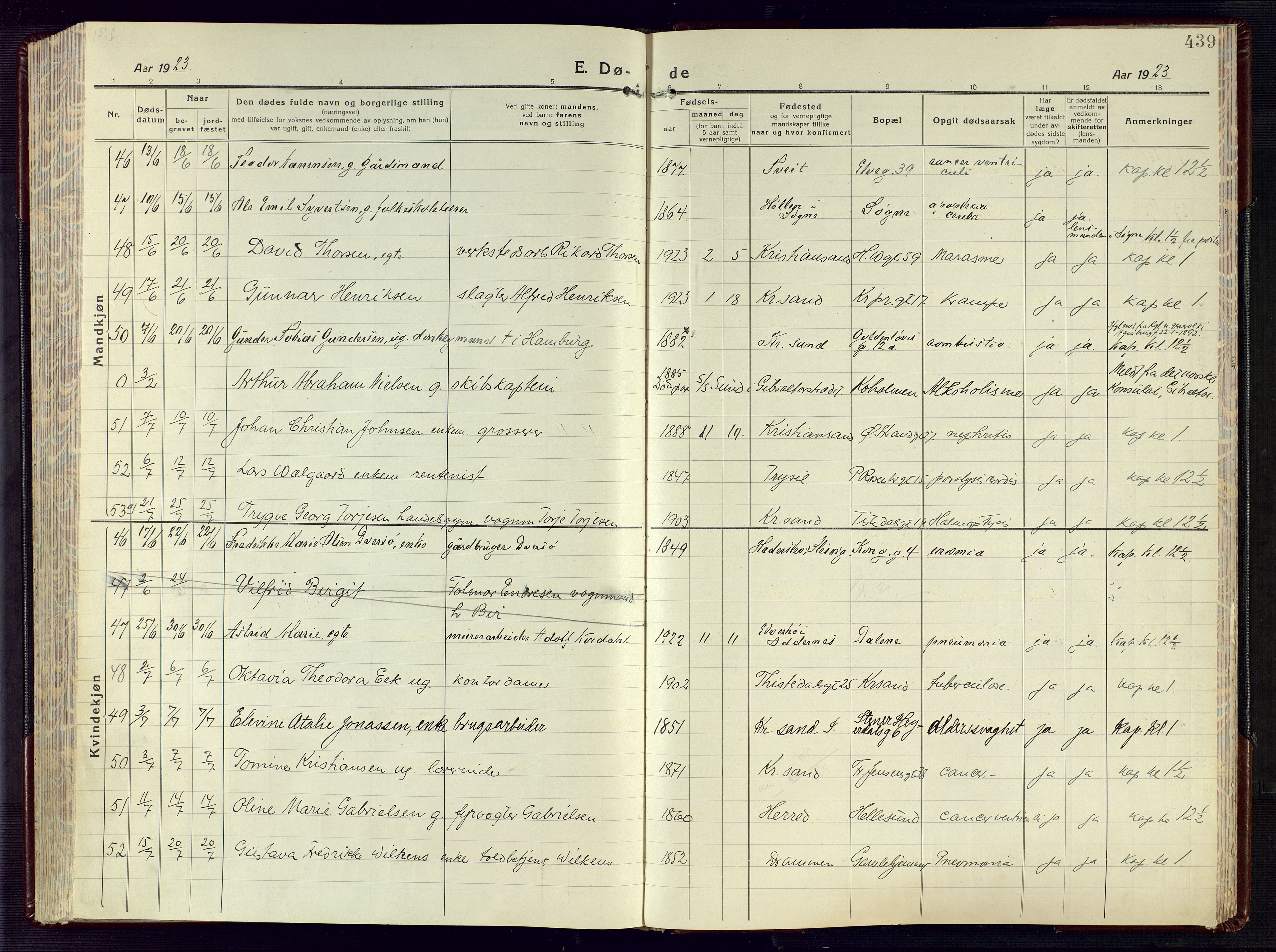 Kristiansand domprosti, AV/SAK-1112-0006/F/Fa/L0028: Parish register (official) no. A 27, 1917-1926, p. 439