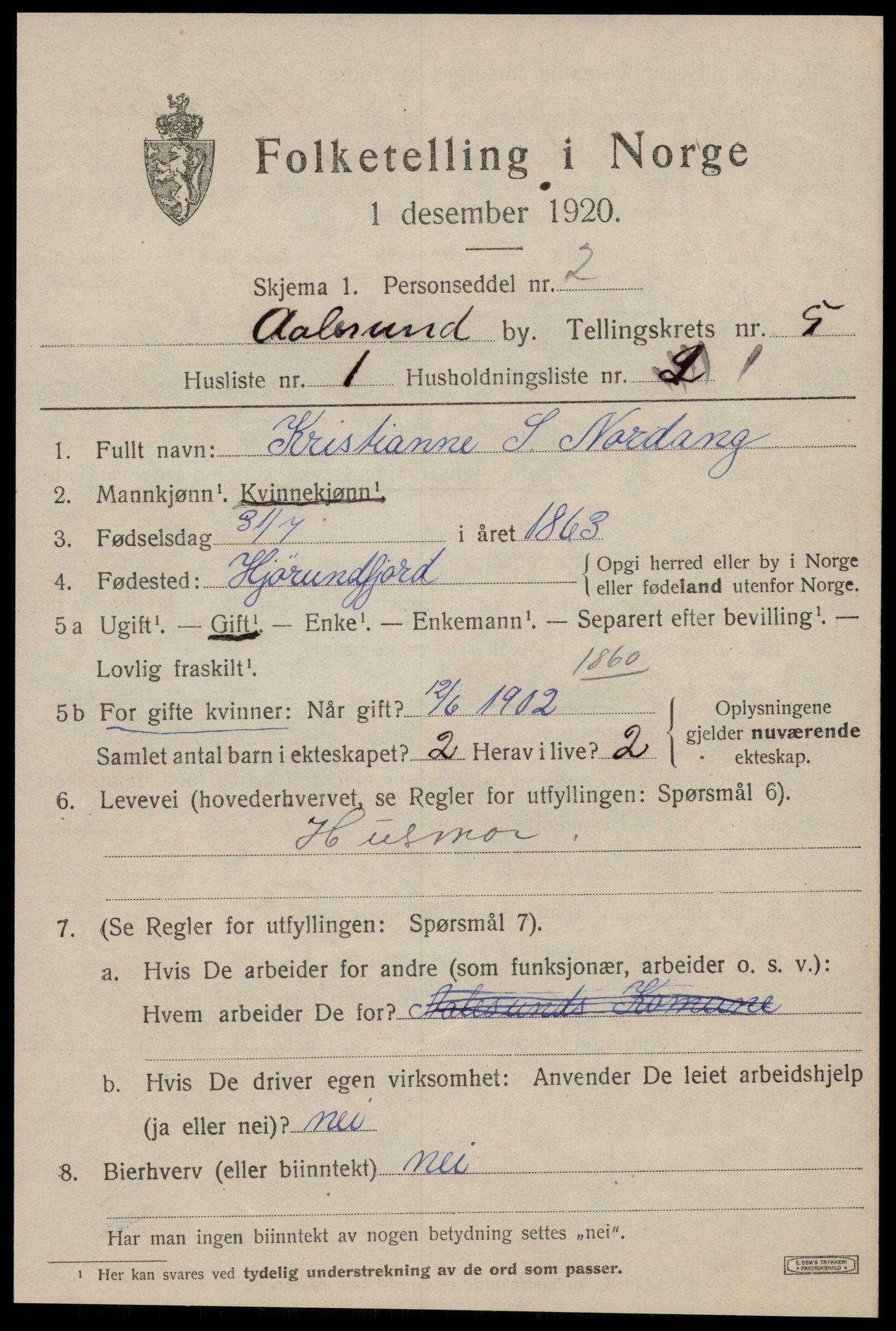 SAT, 1920 census for Ålesund, 1920, p. 16012