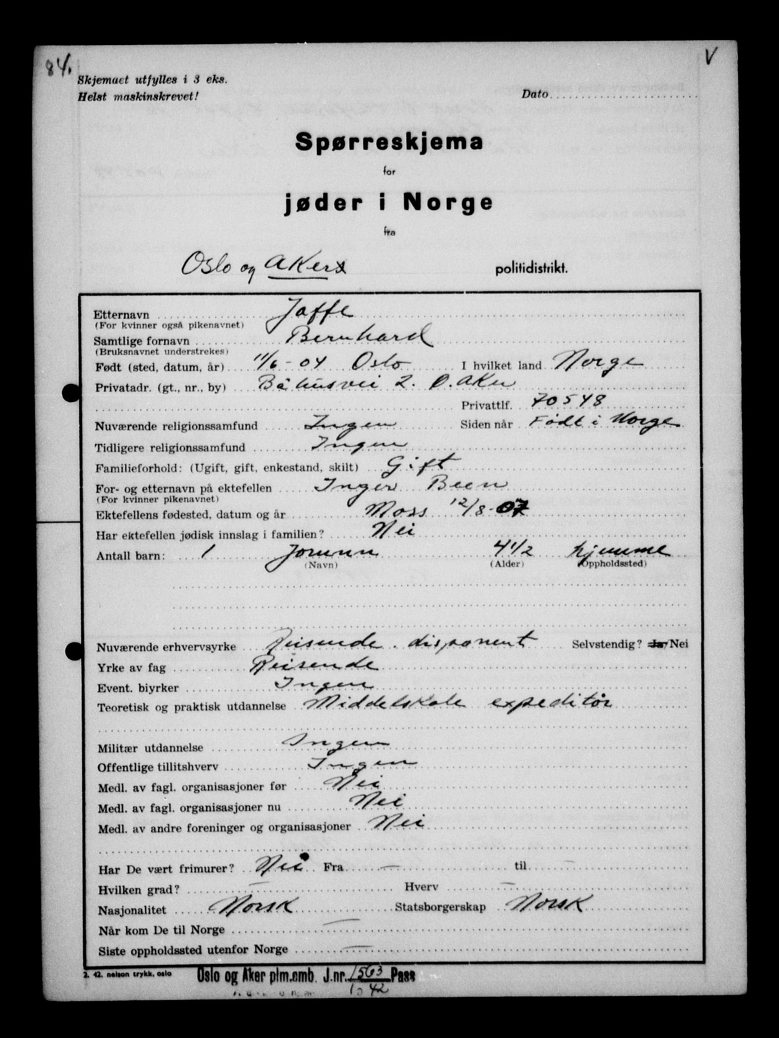 Statspolitiet - Hovedkontoret / Osloavdelingen, AV/RA-S-1329/G/Ga/L0011: Spørreskjema for jøder i Norge. 1: Oslo 610-806 (Plavnik-Zwillinger). 2: Aker 1-113 (Adler-Lewin). , 1942, p. 836