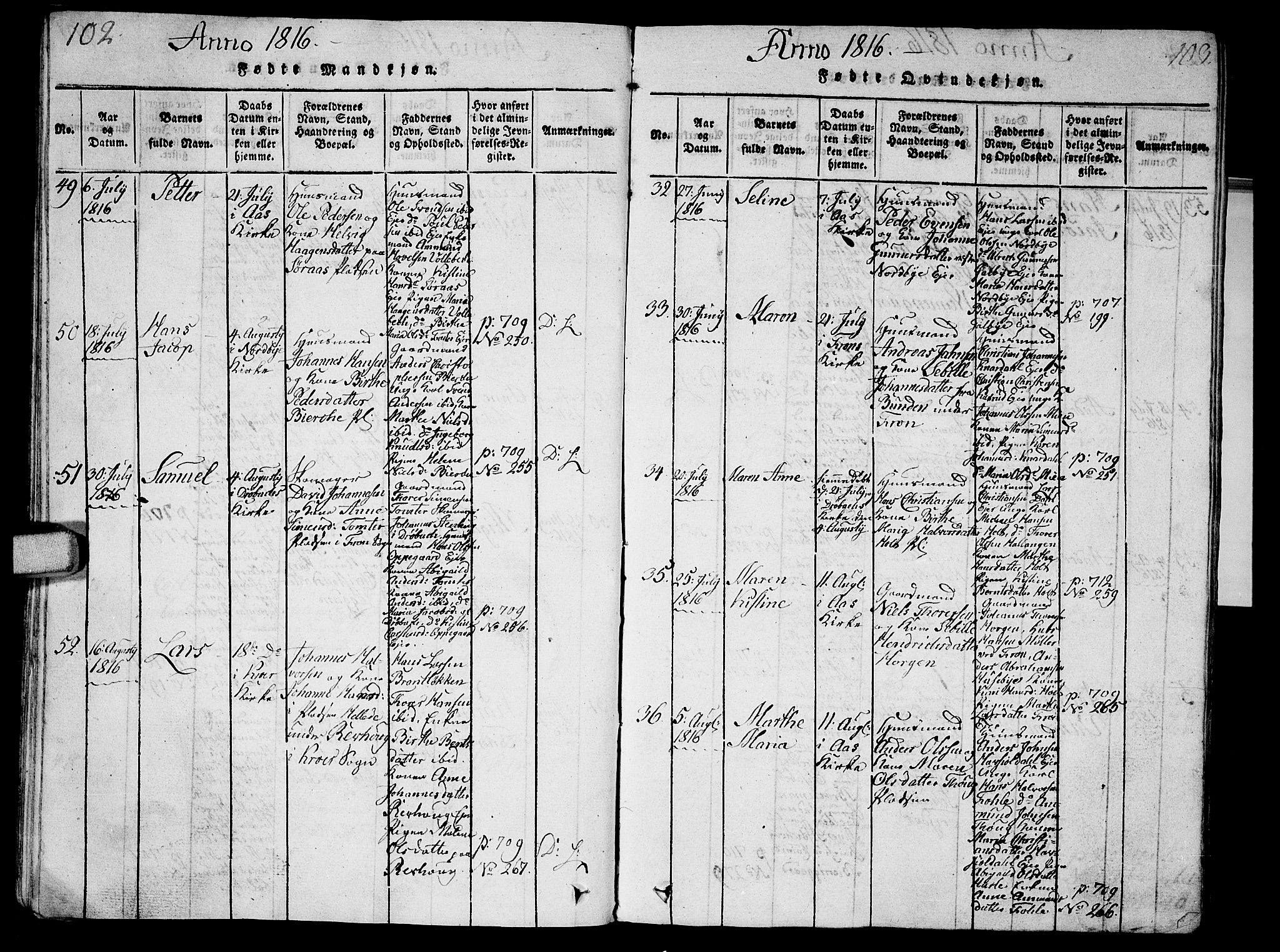 Ås prestekontor Kirkebøker, AV/SAO-A-10894/G/Ga/L0001: Parish register (copy) no. I 1, 1814-1820, p. 102-103