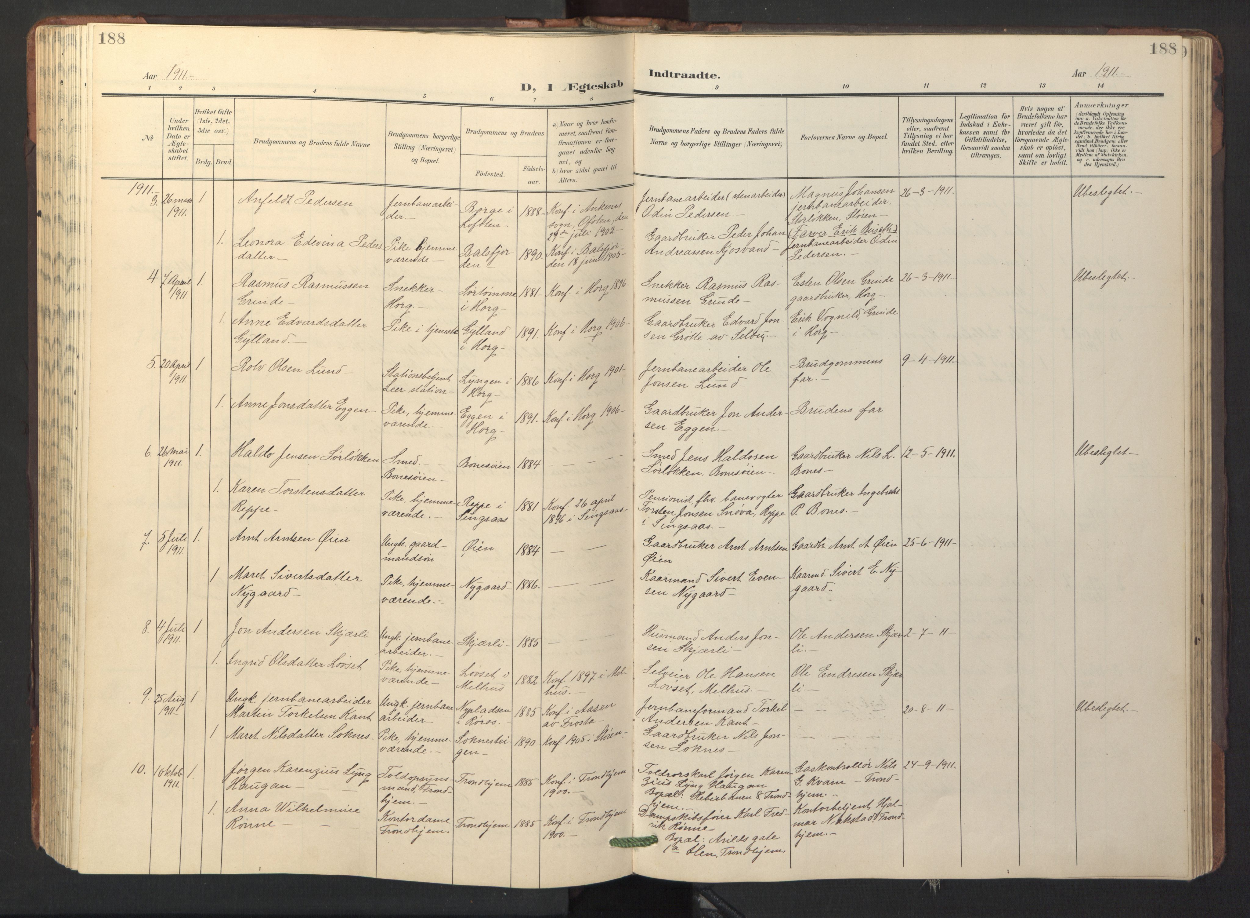 Ministerialprotokoller, klokkerbøker og fødselsregistre - Sør-Trøndelag, SAT/A-1456/687/L1019: Parish register (copy) no. 687C03, 1904-1931, p. 188