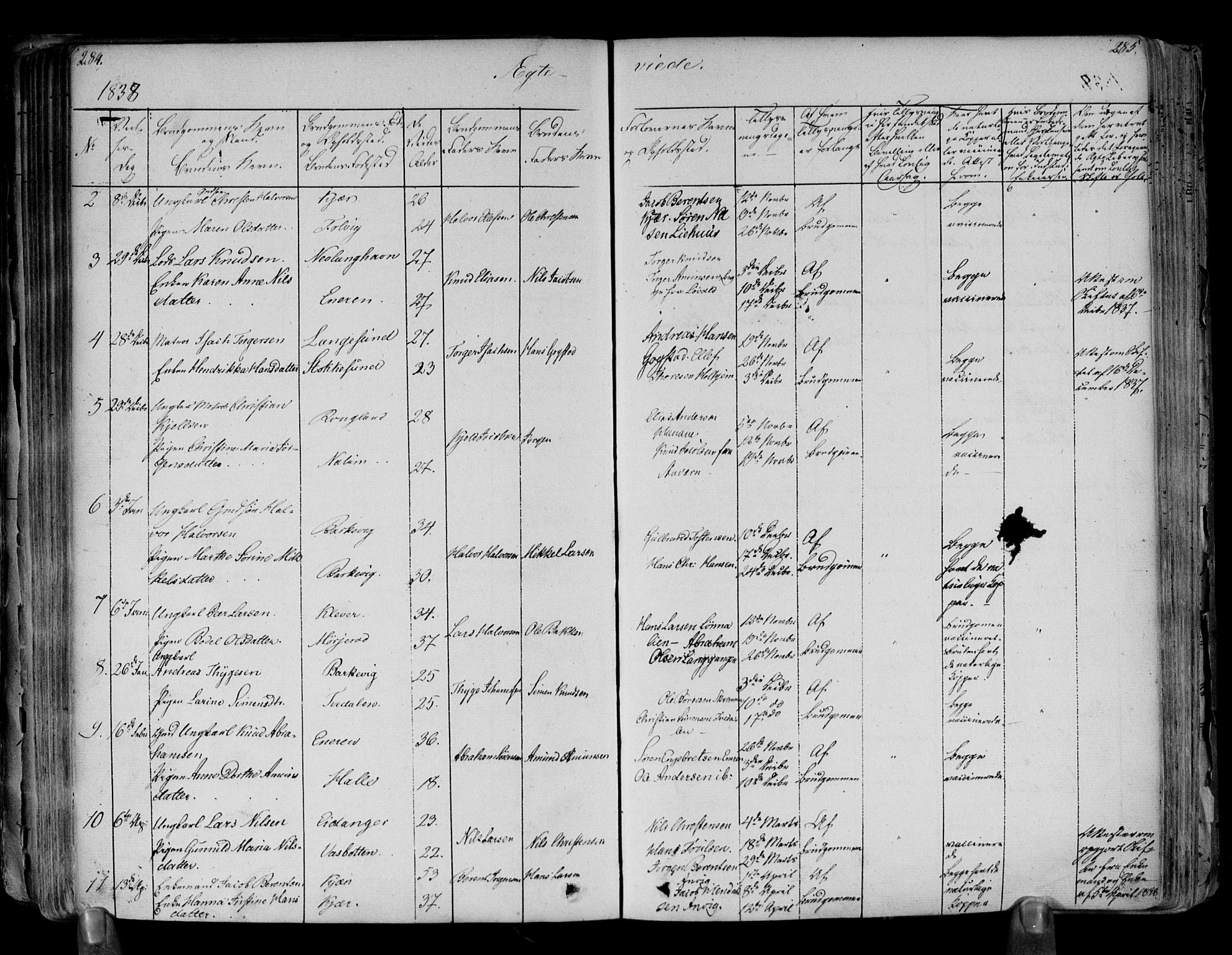 Brunlanes kirkebøker, AV/SAKO-A-342/F/Fa/L0003: Parish register (official) no. I 3, 1834-1845, p. 284-285