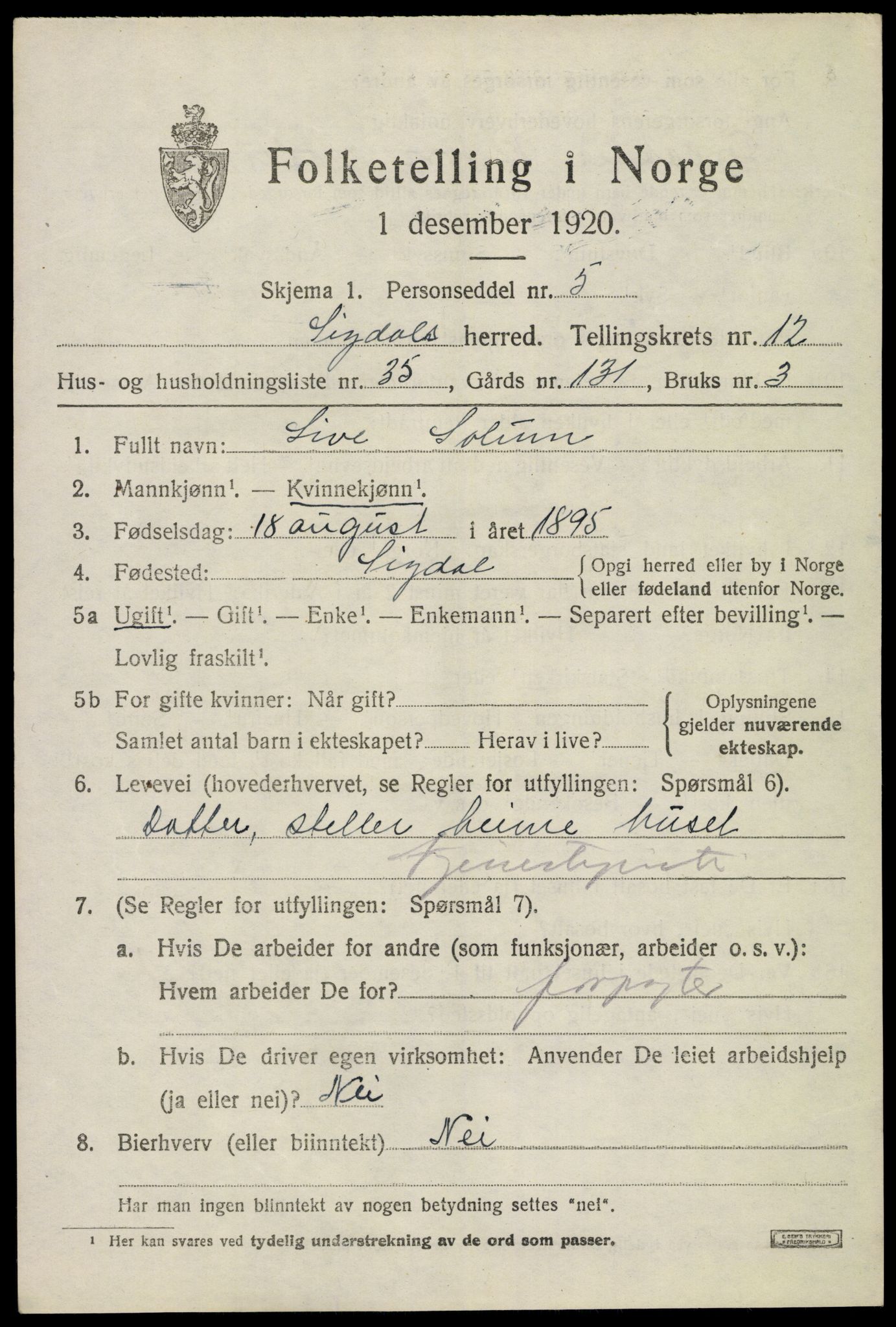 SAKO, 1920 census for Sigdal, 1920, p. 8060