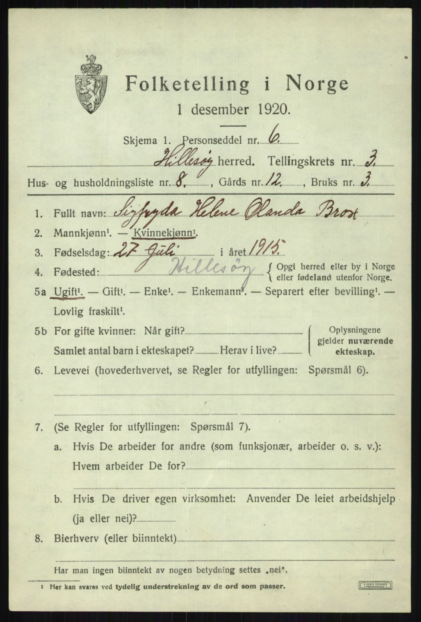 SATØ, 1920 census for Hillesøy, 1920, p. 1757