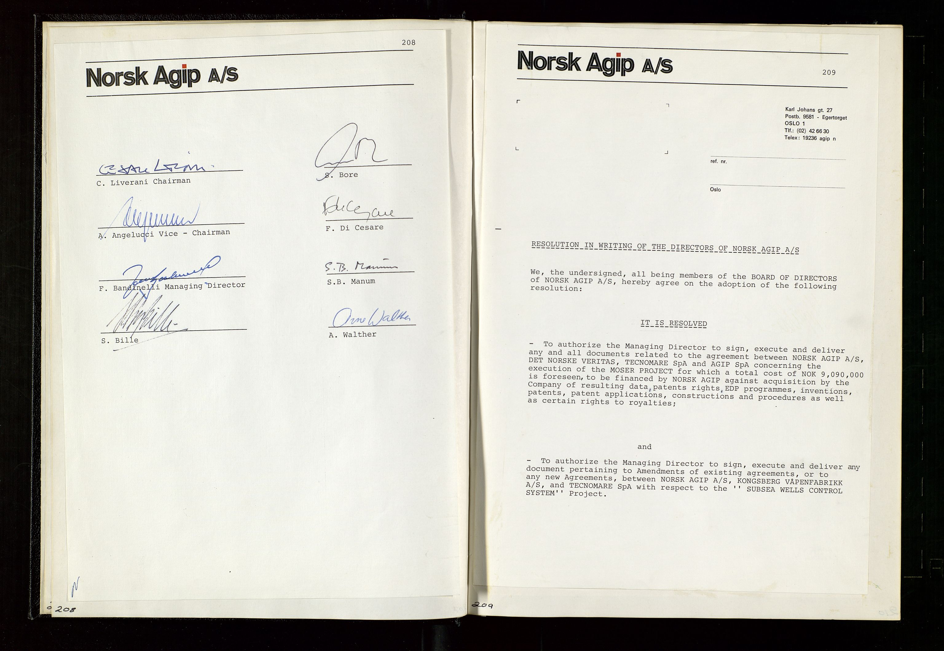 Pa 1583 - Norsk Agip AS, SAST/A-102138/A/Aa/L0003: Board of Directors meeting minutes, 1979-1983, p. 208-209