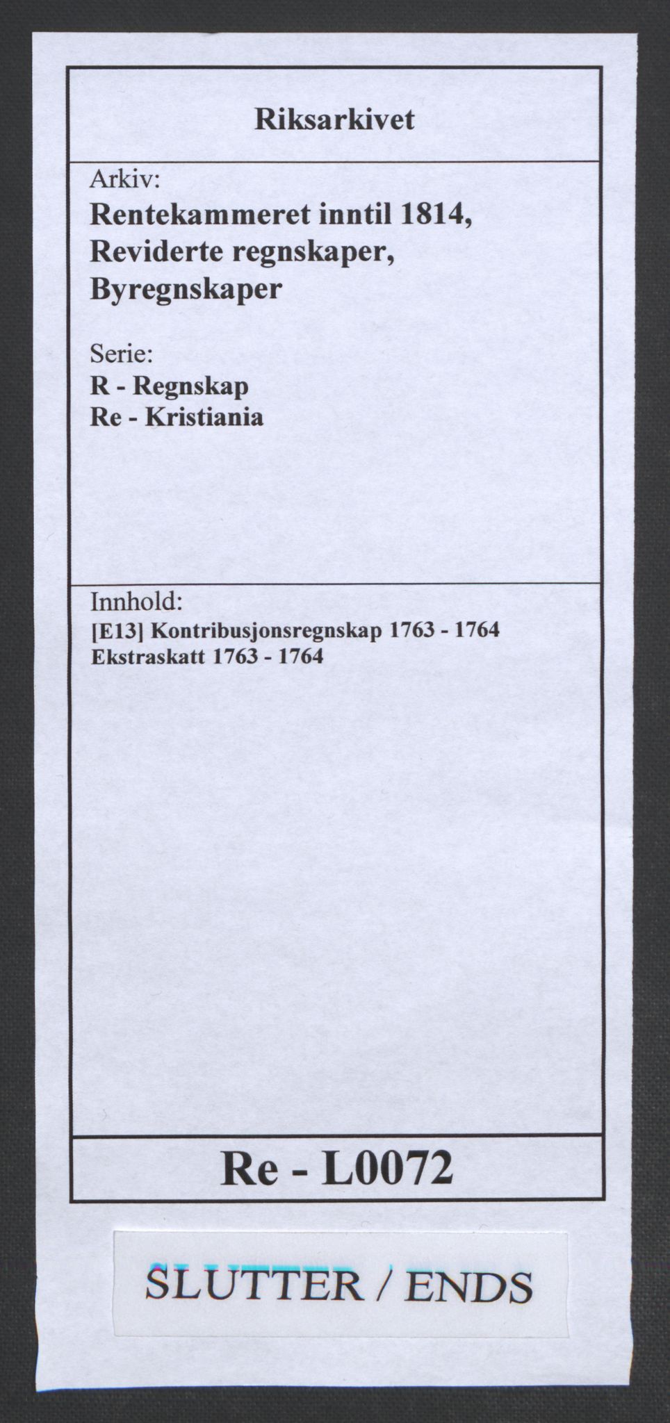 Rentekammeret inntil 1814, Reviderte regnskaper, Byregnskaper, RA/EA-4066/R/Re/L0072/0001: [E13] Kontribusjonsregnskap / Ekstraskatt, 1763-1764, p. 456
