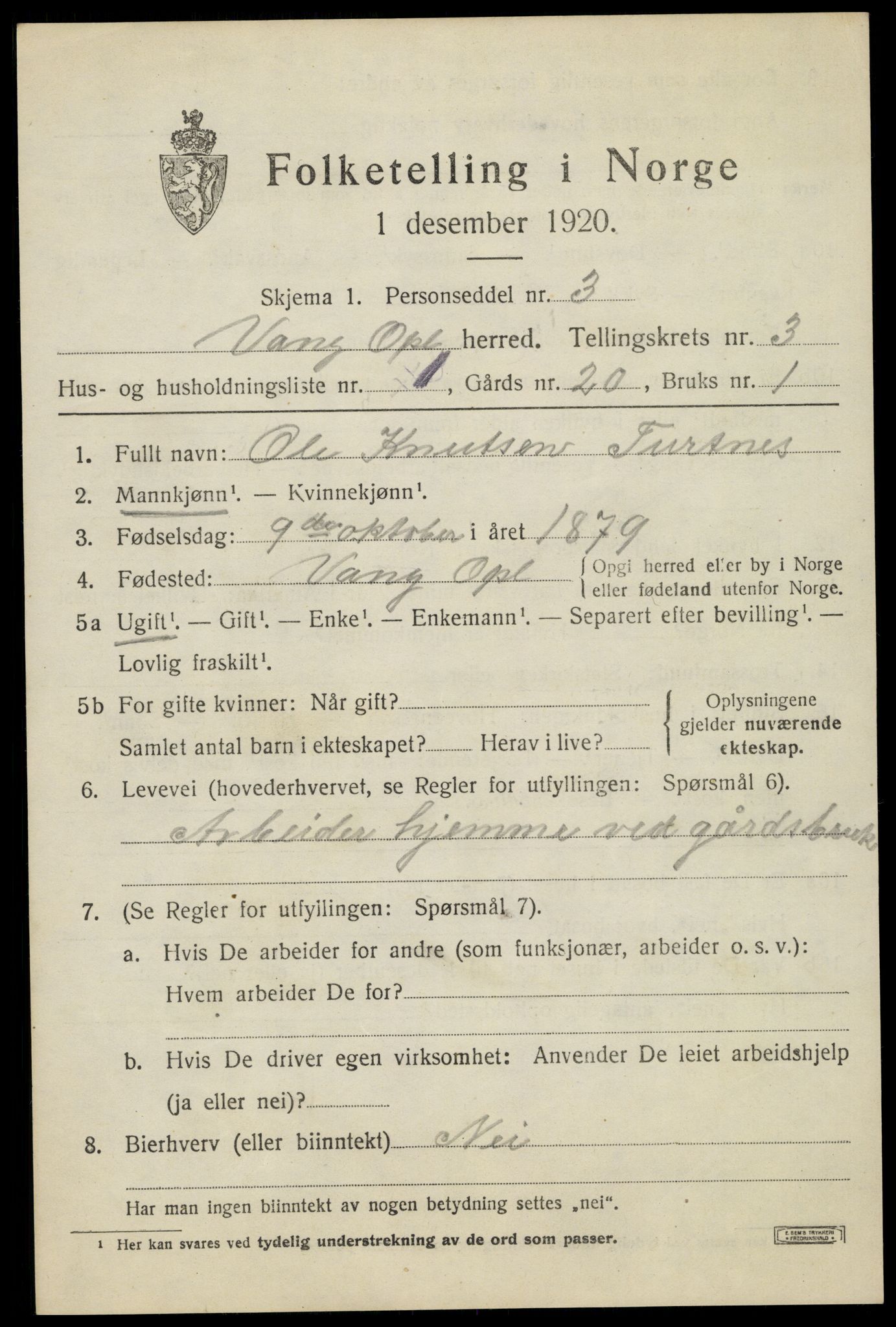 SAH, 1920 census for Vang (Oppland), 1920, p. 1353