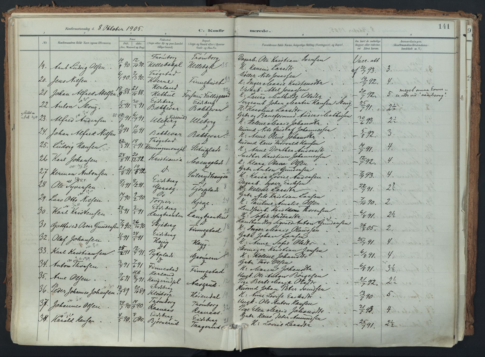 Eidsberg prestekontor Kirkebøker, SAO/A-10905/F/Fa/L0014: Parish register (official) no. I 14, 1902-1919, p. 141