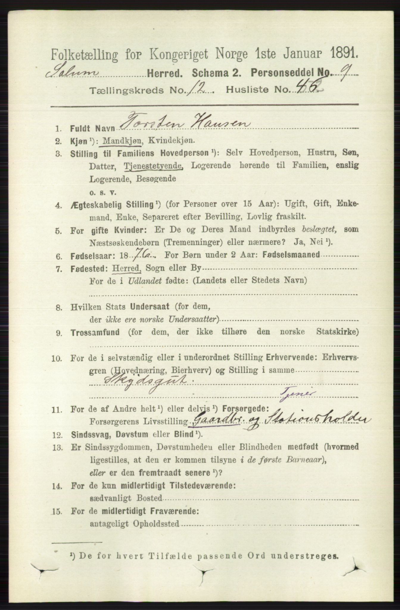 RA, 1891 census for 0818 Solum, 1891, p. 5885