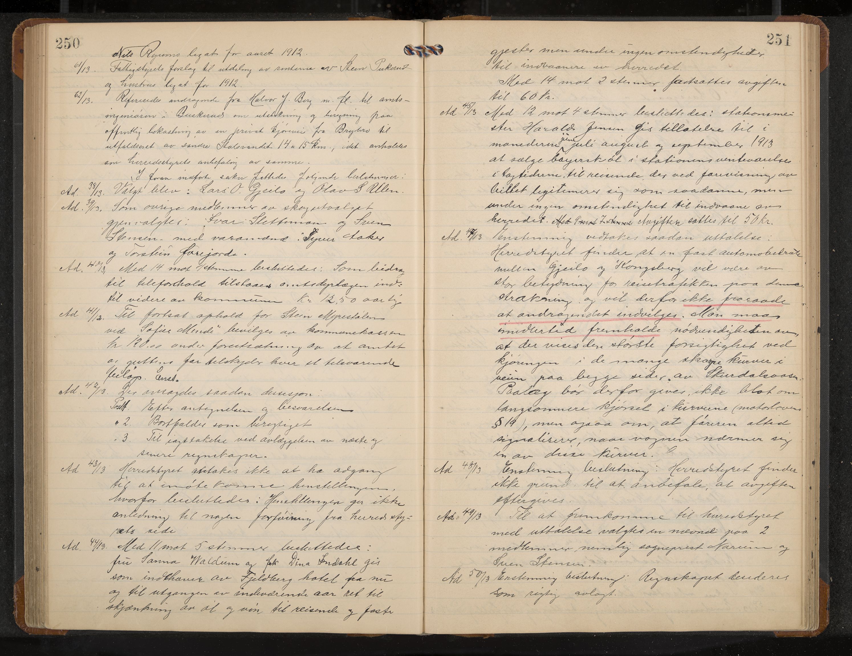 Hol formannskap og sentraladministrasjon, IKAK/0620021-1/A/L0005: Møtebok, 1909-1915, p. 250-251