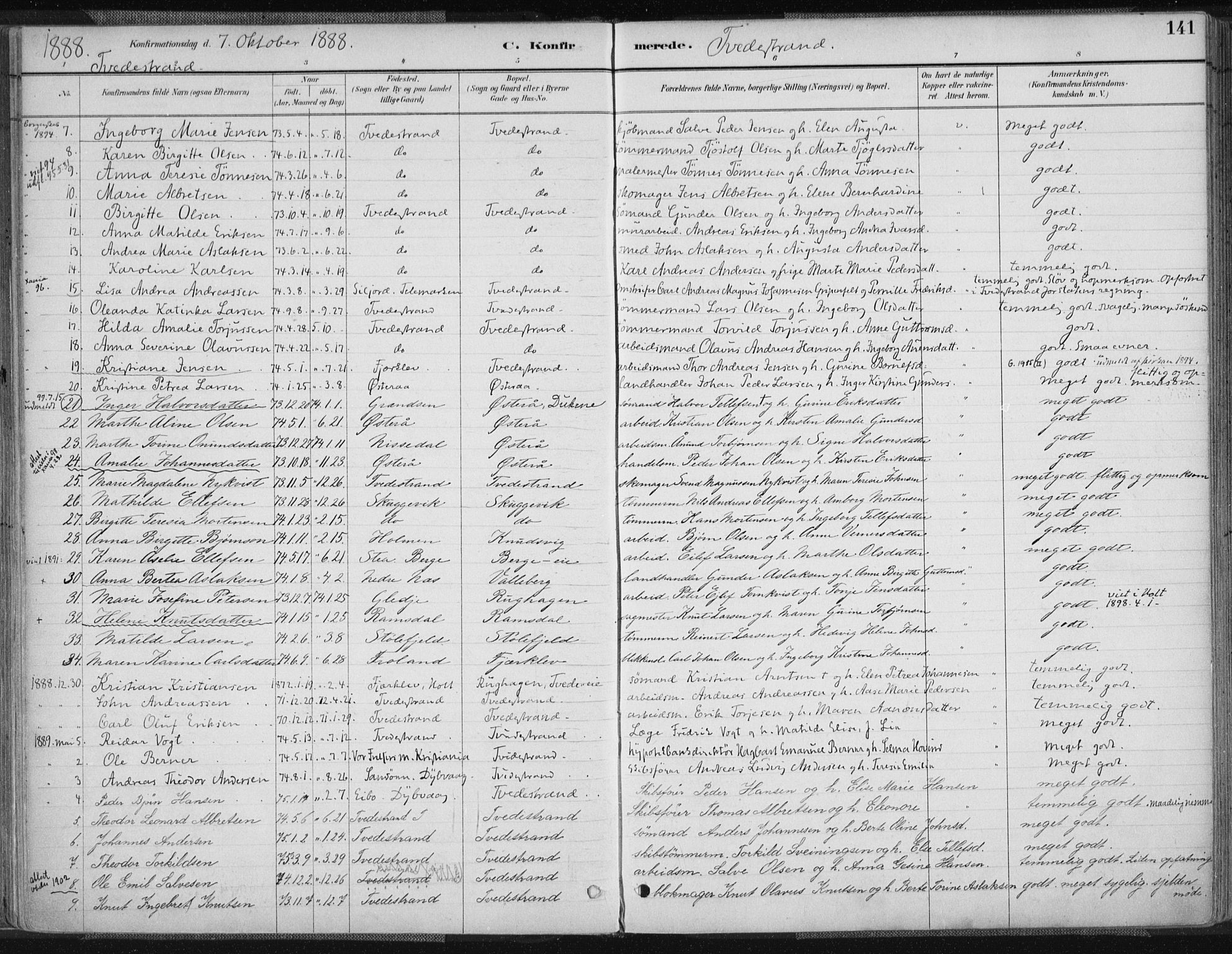 Tvedestrand sokneprestkontor, SAK/1111-0042/F/Fa/L0001: Parish register (official) no. A 1, 1885-1916, p. 141