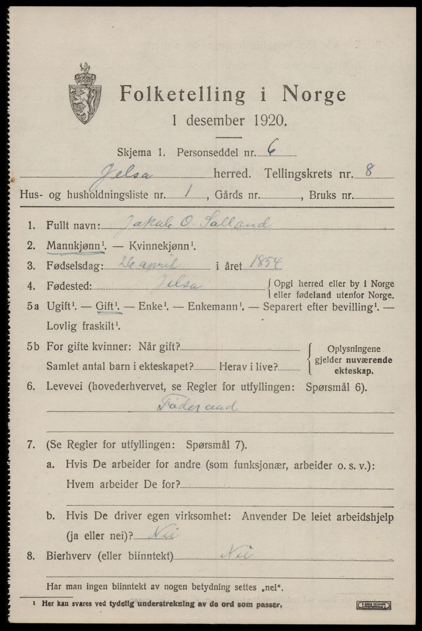 SAST, 1920 census for Jelsa, 1920, p. 2152