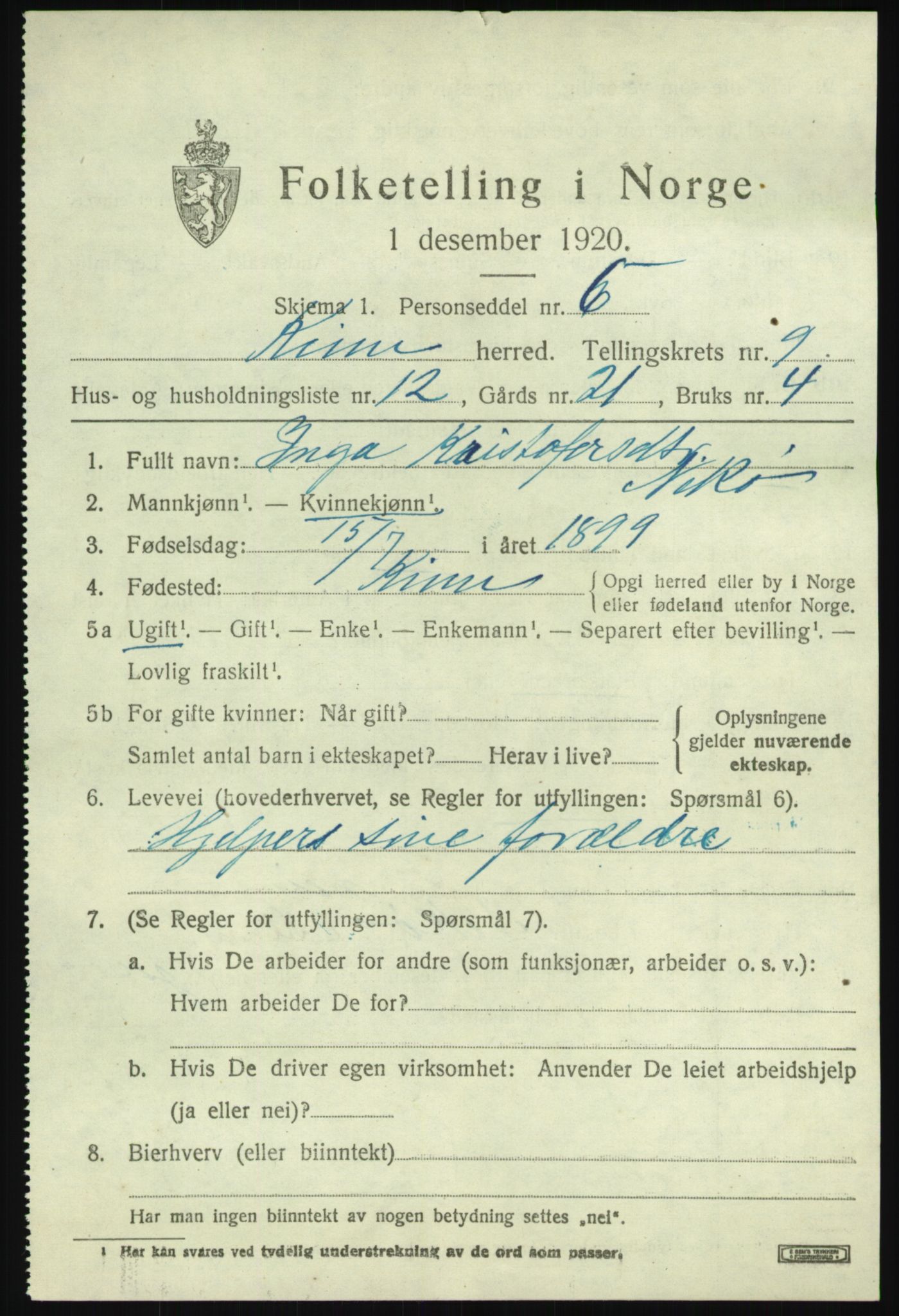 SAB, 1920 census for Kinn, 1920, p. 3437