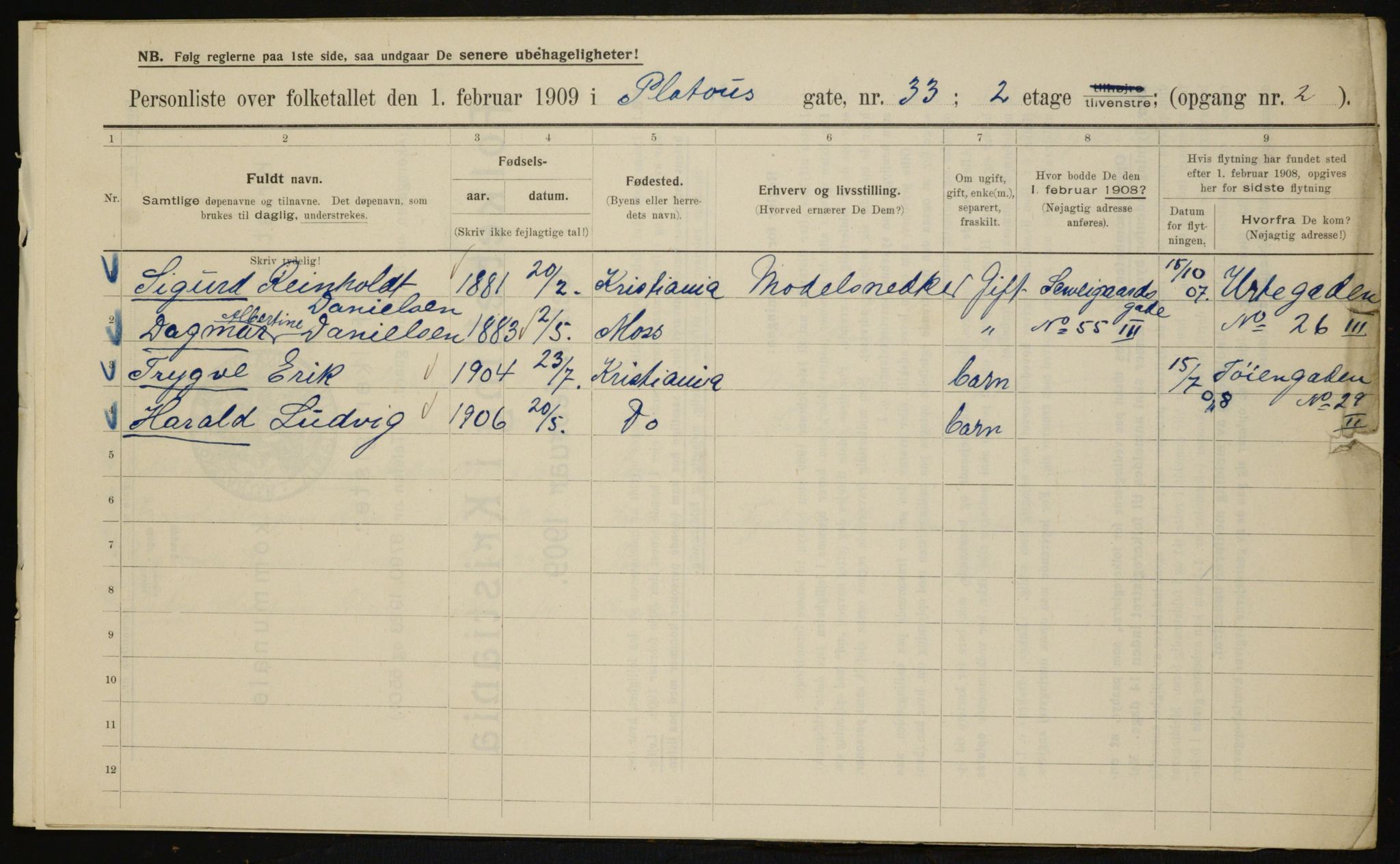 OBA, Municipal Census 1909 for Kristiania, 1909, p. 73213