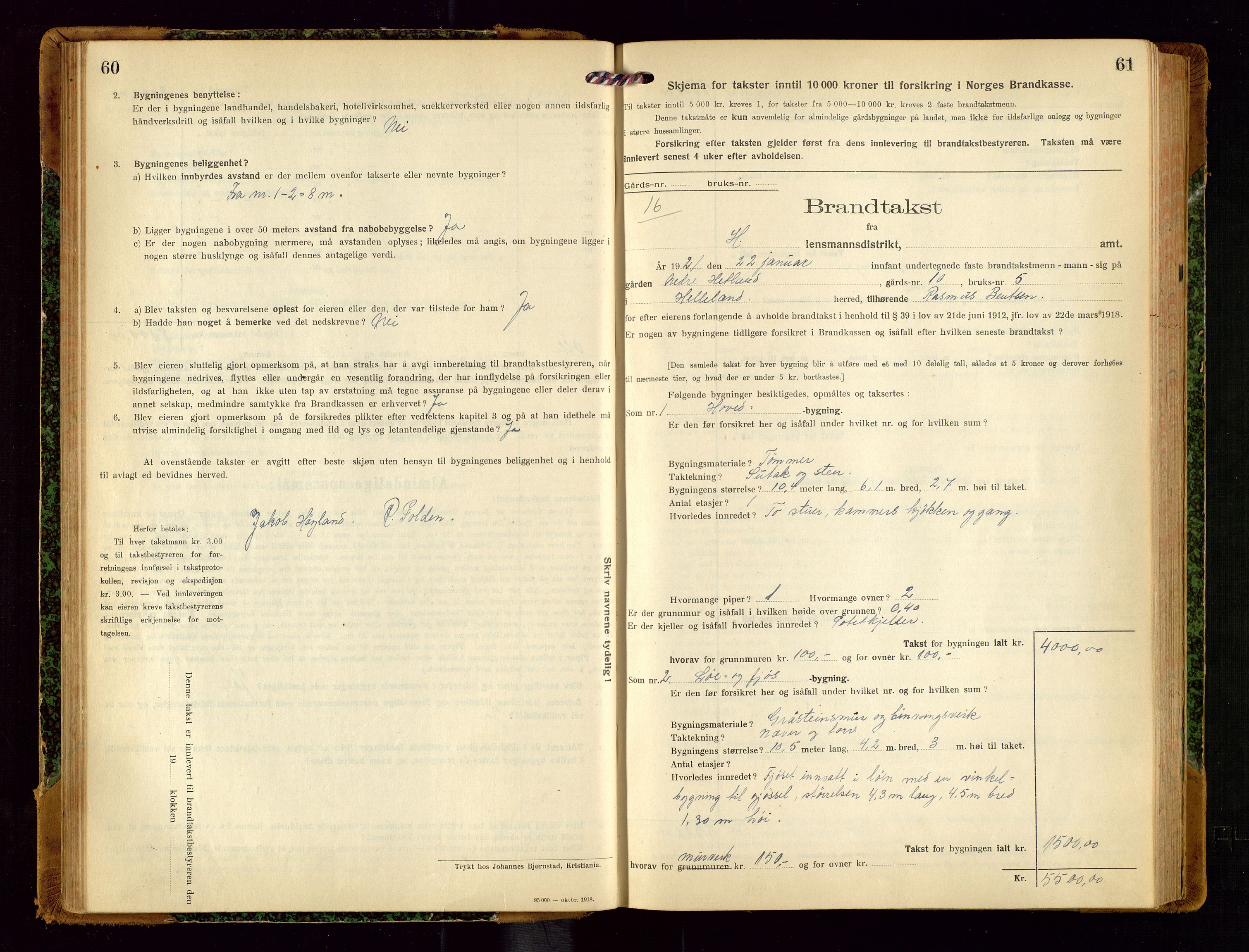 Helleland lensmannskontor, AV/SAST-A-100209/Gob/L0002: "Brandtakstprotokoll", 1921-1930, p. 60-61