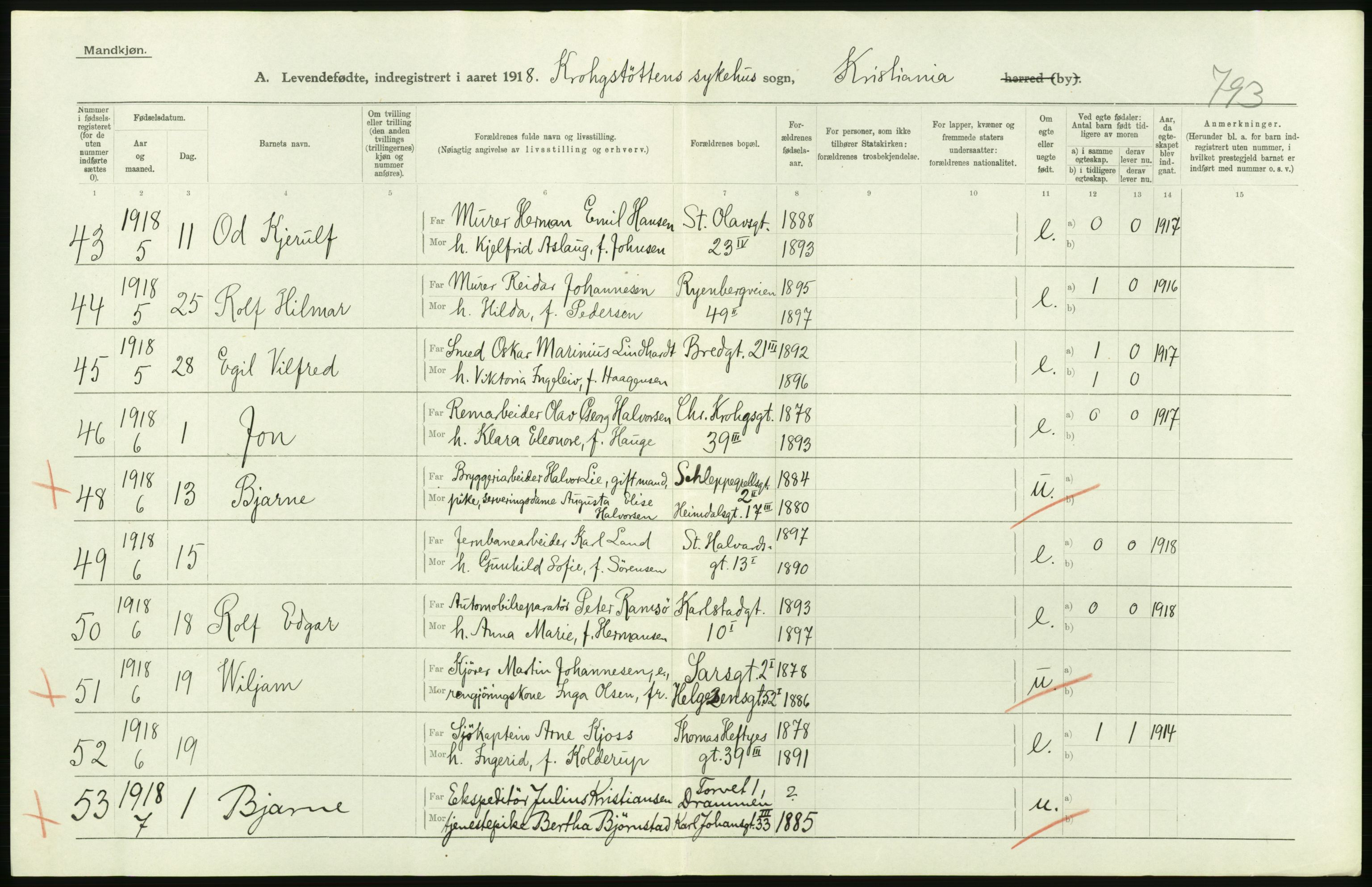 Statistisk sentralbyrå, Sosiodemografiske emner, Befolkning, AV/RA-S-2228/D/Df/Dfb/Dfbh/L0008: Kristiania: Levendefødte menn og kvinner., 1918, p. 242