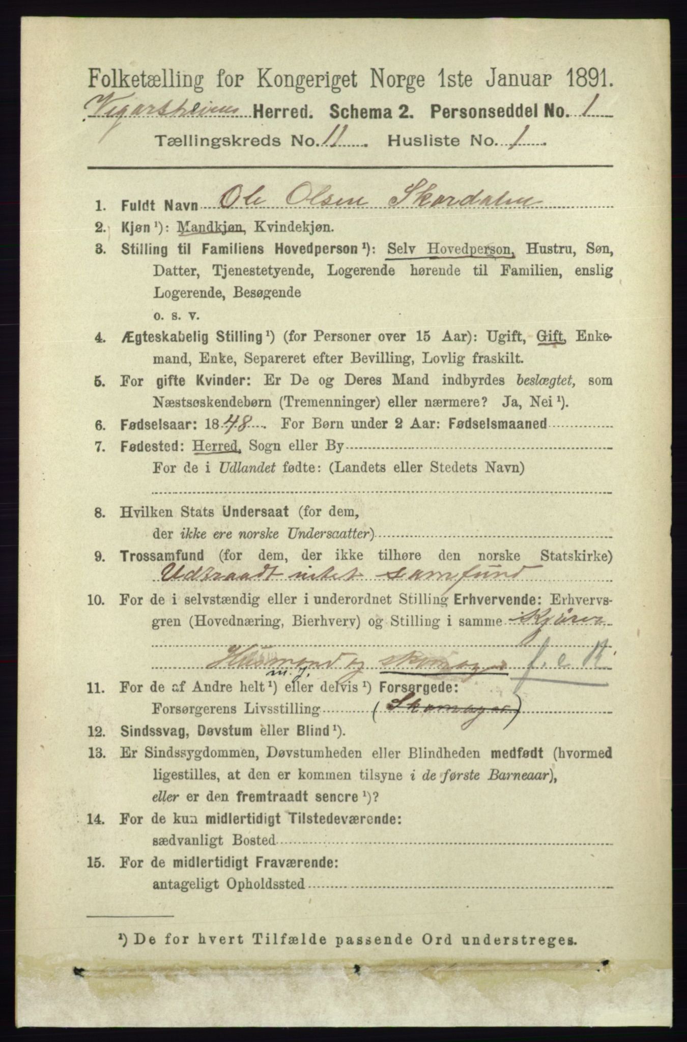 RA, 1891 census for 0912 Vegårshei, 1891, p. 2190