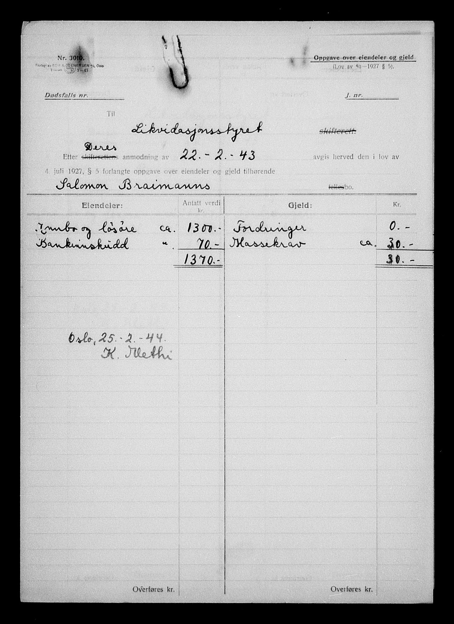 Justisdepartementet, Tilbakeføringskontoret for inndratte formuer, RA/S-1564/H/Hc/Hcc/L0927: --, 1945-1947, p. 434