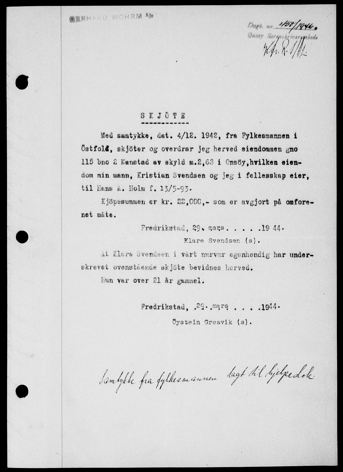 Onsøy sorenskriveri, SAO/A-10474/G/Ga/Gab/L0015: Mortgage book no. II A-15, 1945-1946, Diary no: : 450/1946