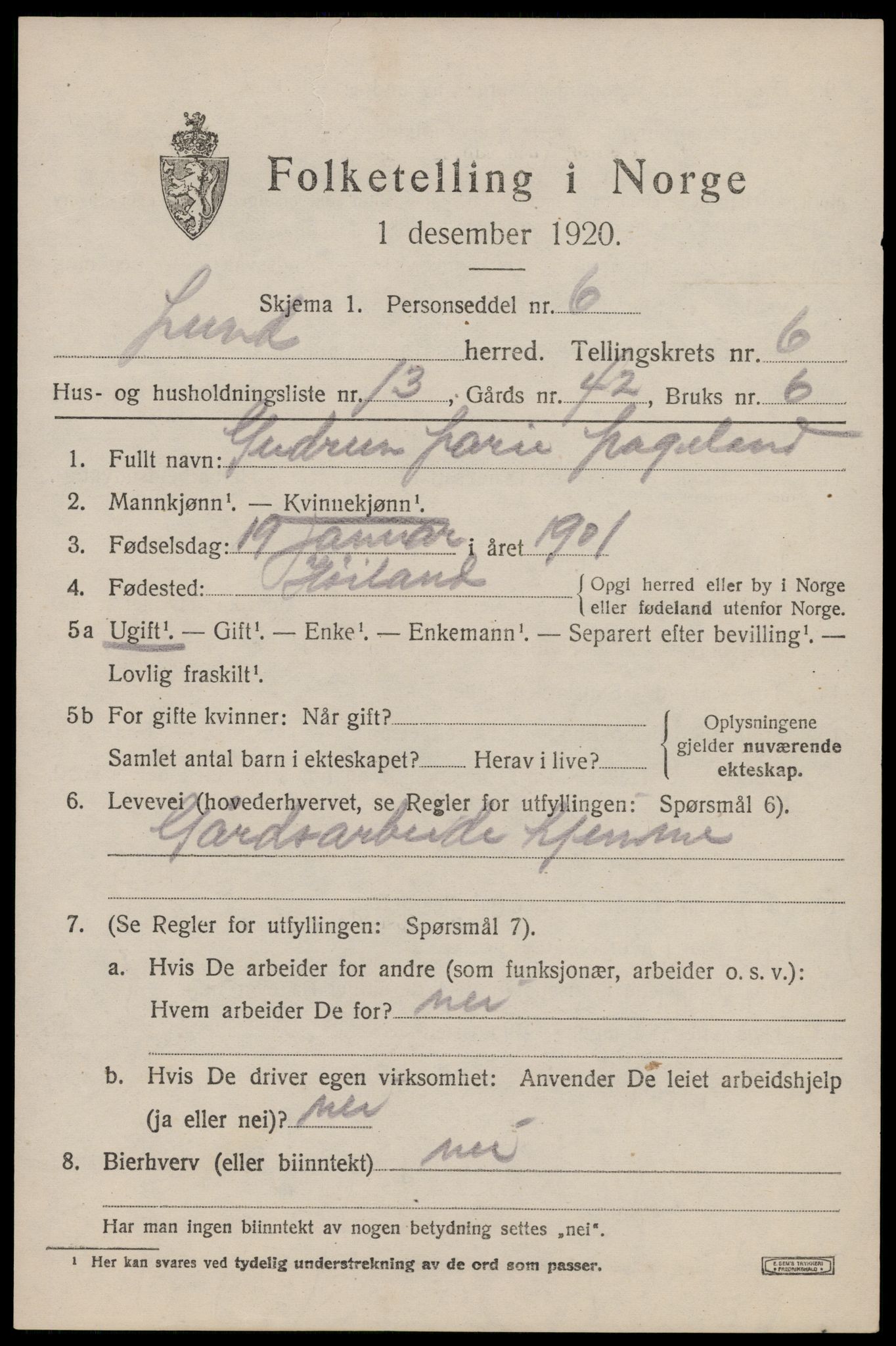 SAST, 1920 census for Lund, 1920, p. 4030