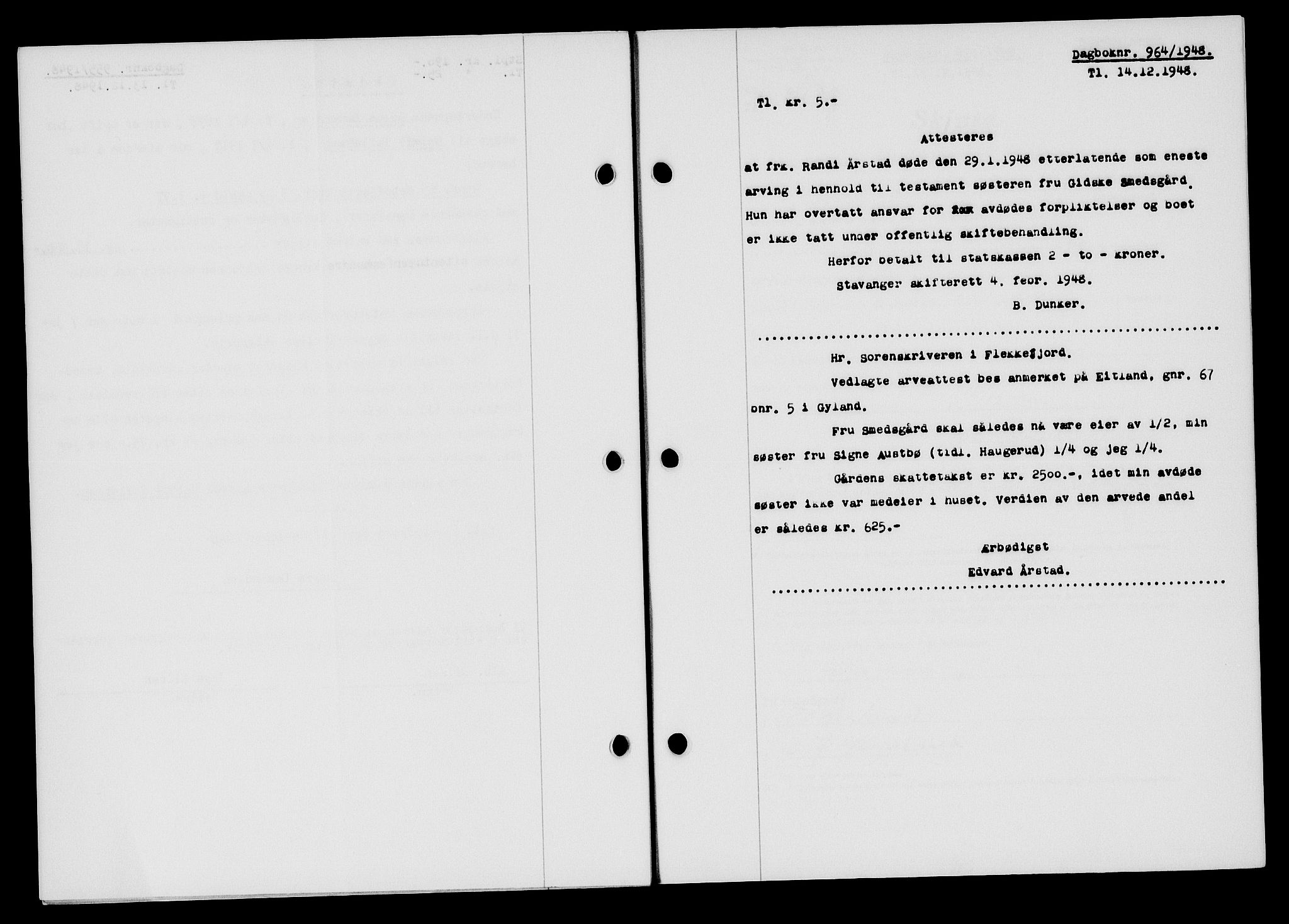 Flekkefjord sorenskriveri, SAK/1221-0001/G/Gb/Gba/L0064: Mortgage book no. A-12, 1948-1949, Diary no: : 964/1948