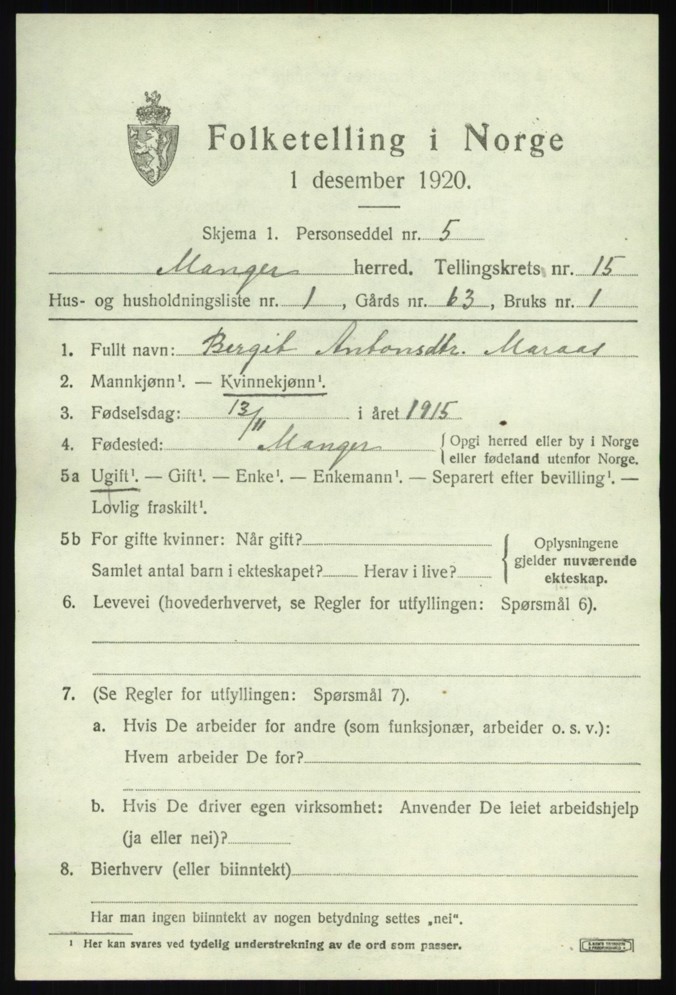 SAB, 1920 census for Manger, 1920, p. 8452