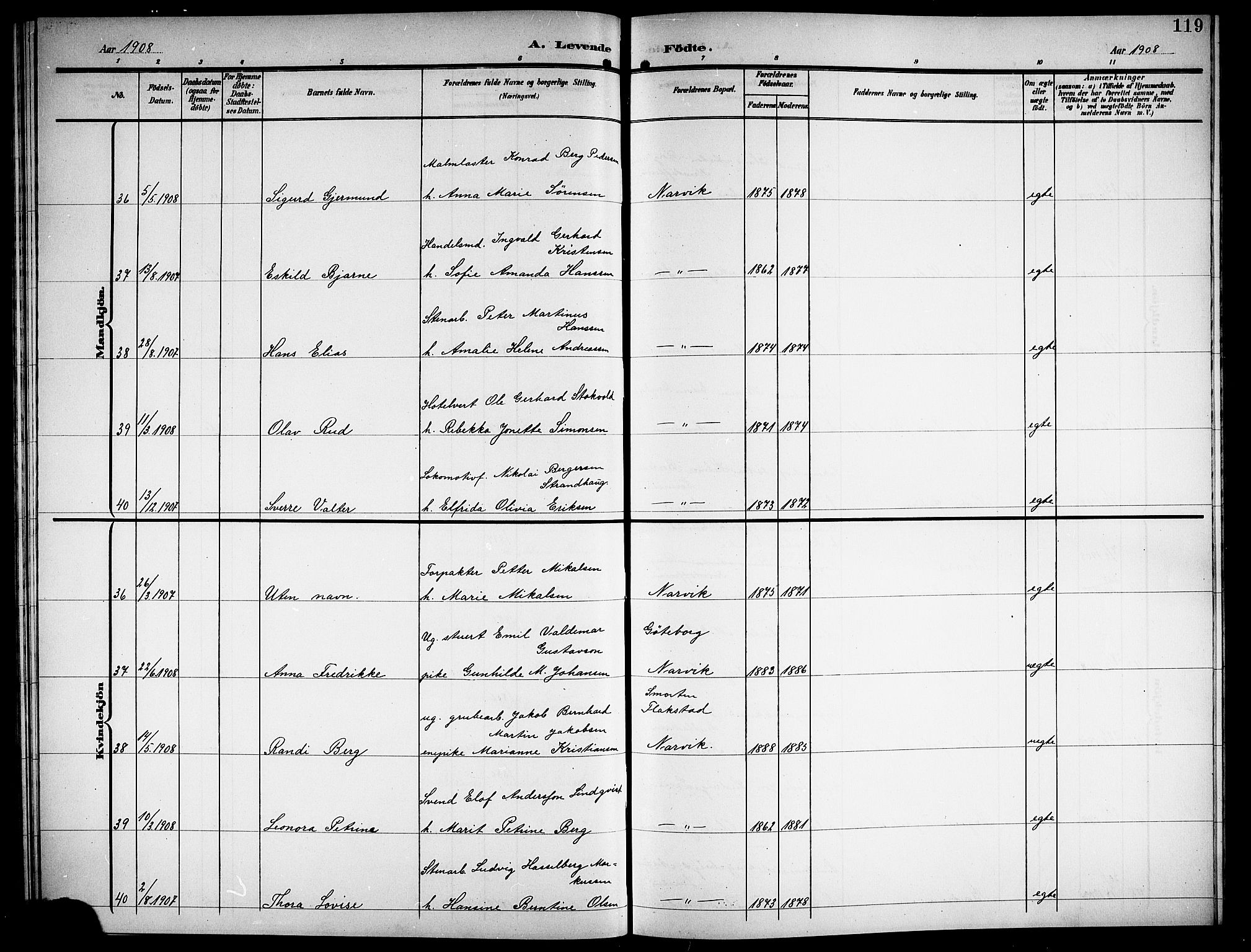 Ministerialprotokoller, klokkerbøker og fødselsregistre - Nordland, SAT/A-1459/871/L1012: Parish register (copy) no. 871C01, 1902-1909, p. 119