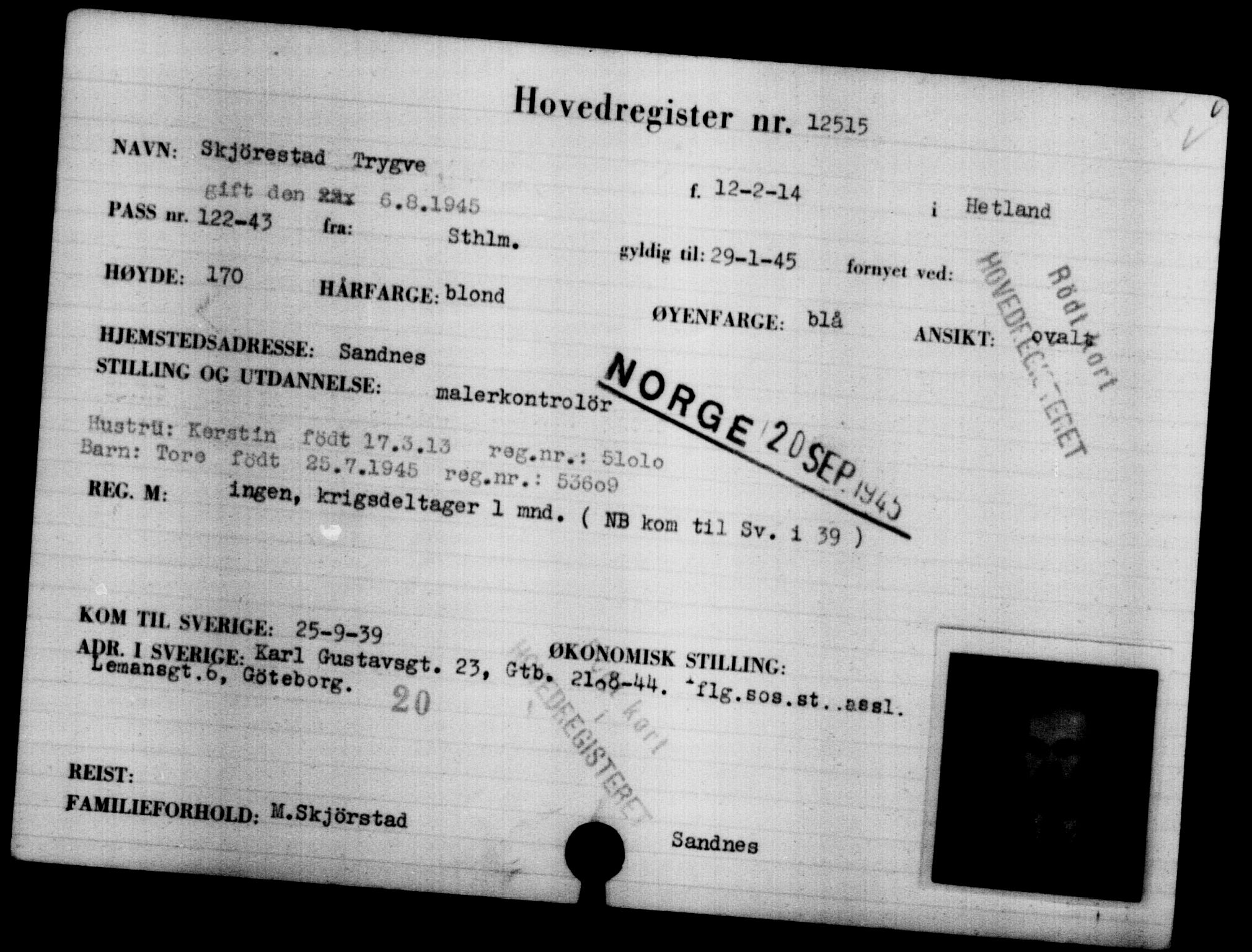 Utenriksstasjonene, Legasjonen i Stockholm, Flyktningkontoret, AV/RA-S-6753/V/Va/L0006: Kjesäterkartoteket, flyktninger med registreringsnr. 9400-12711, 1940-1945, p. 3548