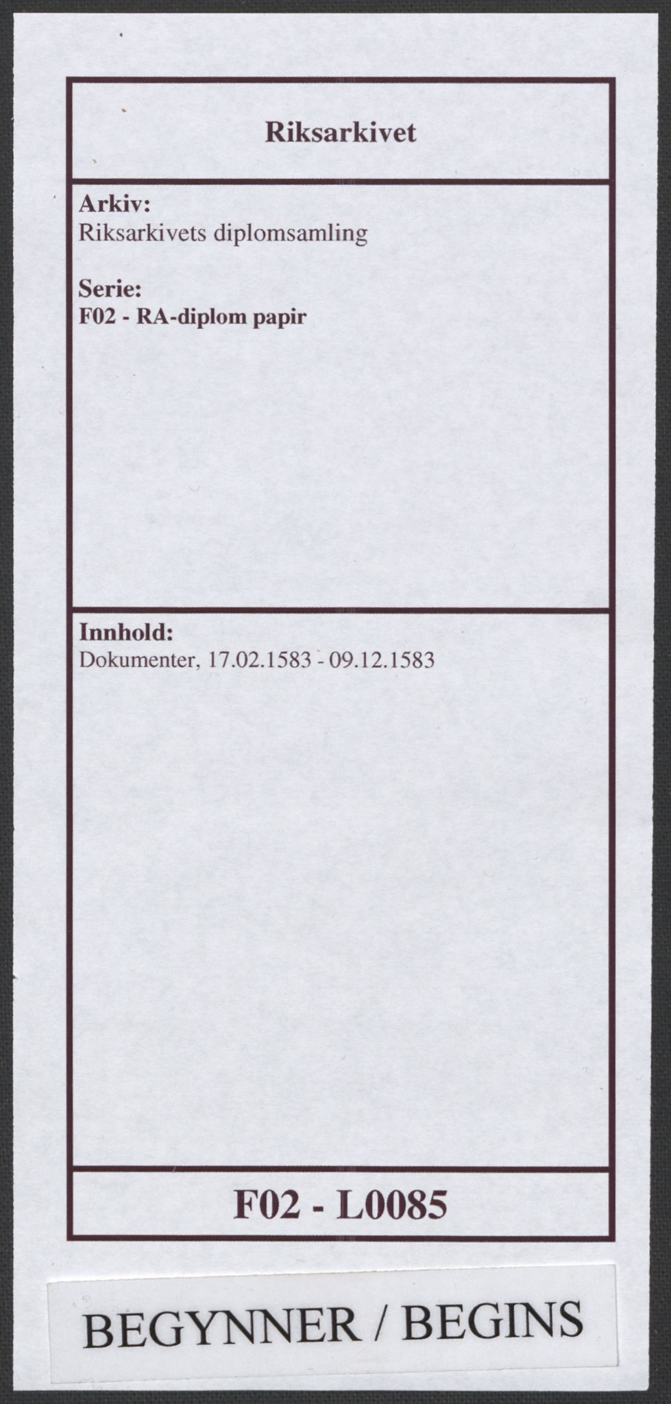 Riksarkivets diplomsamling, RA/EA-5965/F02/L0085: Dokumenter, 1583, p. 1