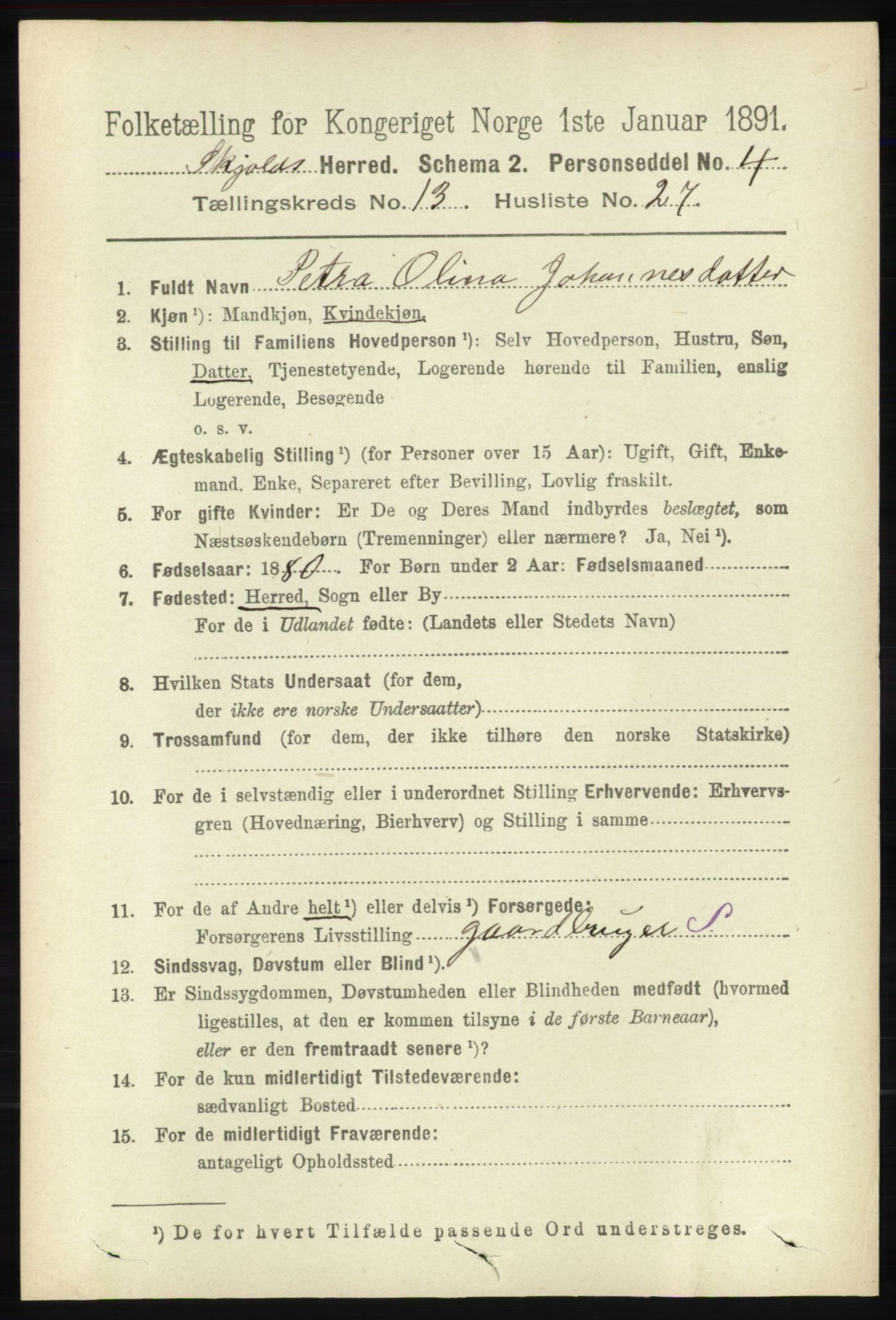 RA, 1891 census for 1154 Skjold, 1891, p. 2520