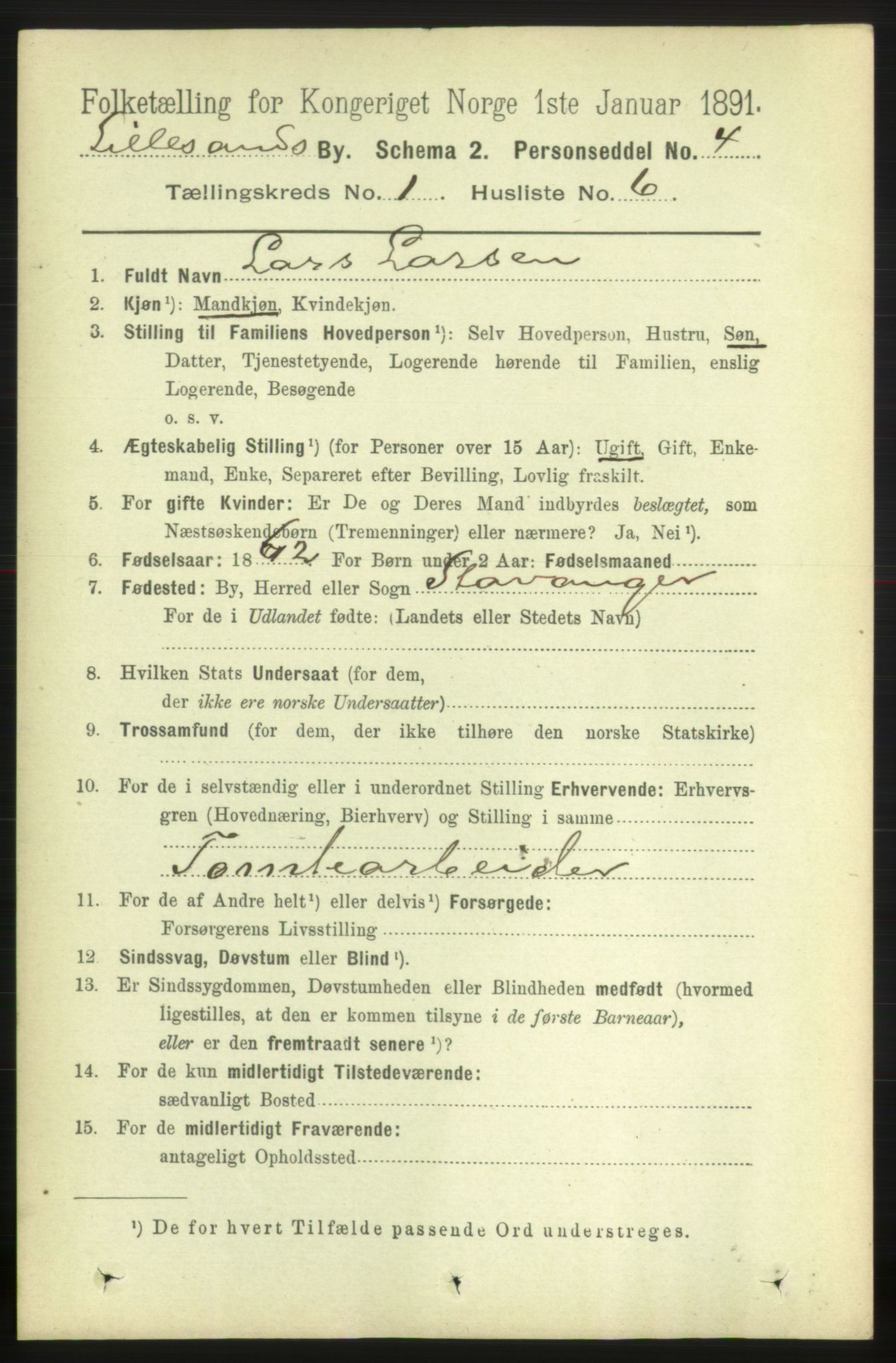 RA, 1891 census for 0905 Lillesand, 1891, p. 52