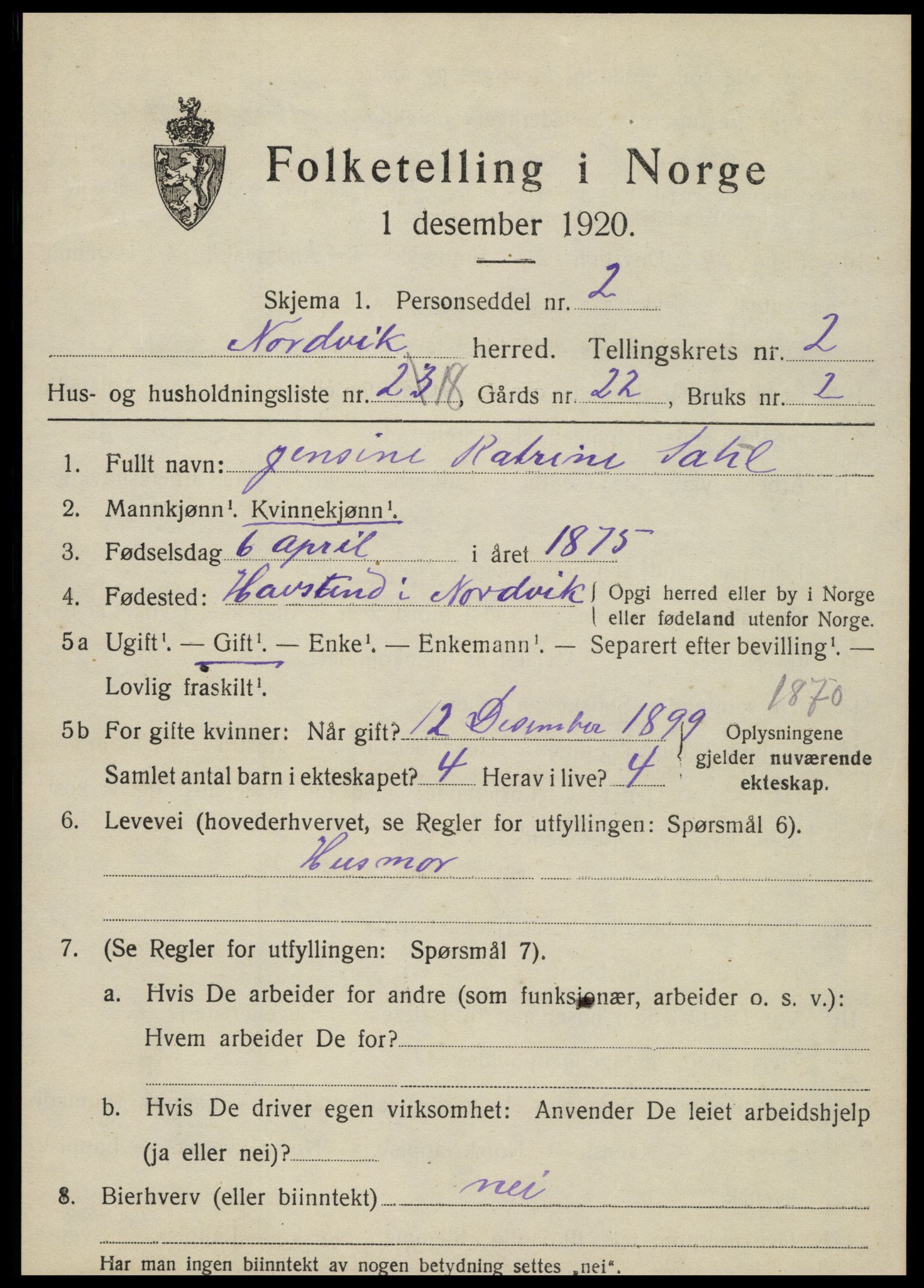 SAT, 1920 census for Nordvik, 1920, p. 1276