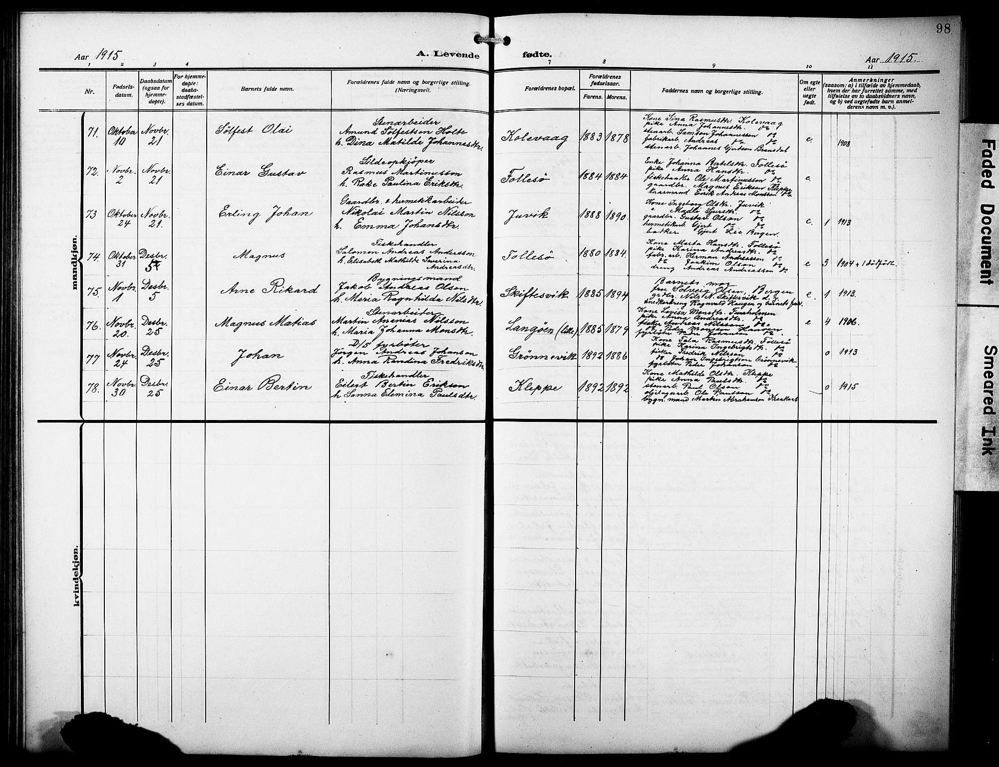 Askøy Sokneprestembete, AV/SAB-A-74101/H/Ha/Hab/Haba/L0011: Parish register (copy) no. A 11, 1908-1931, p. 98