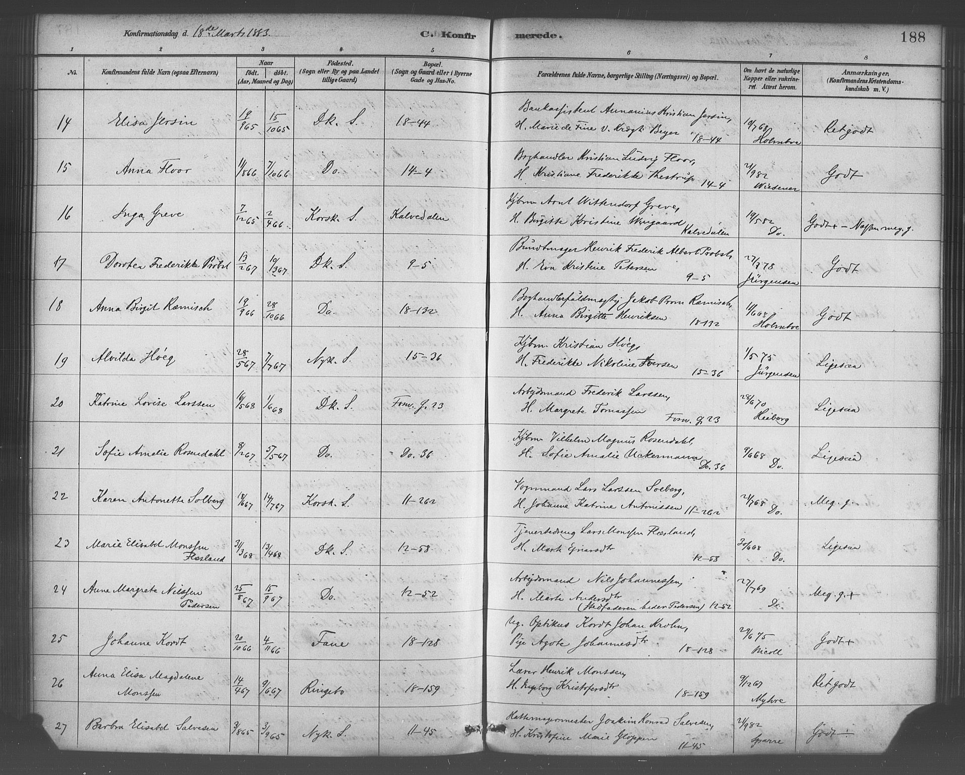 Domkirken sokneprestembete, SAB/A-74801/H/Haa/L0030: Parish register (official) no. C 5, 1880-1898, p. 188